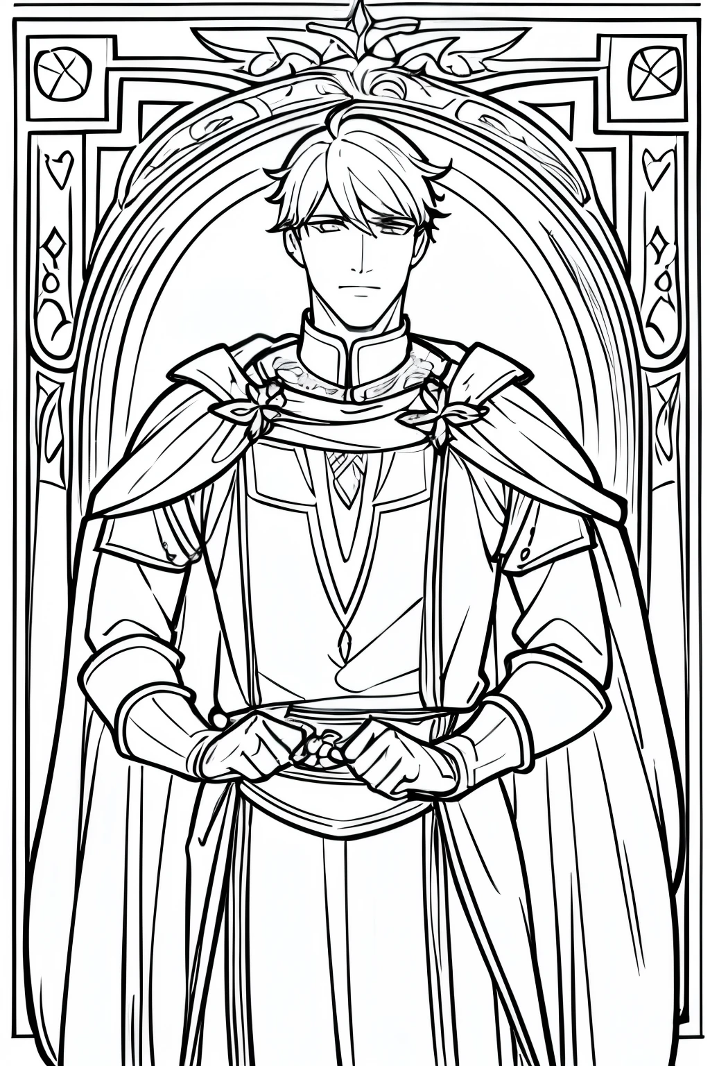 Craft a charming coloring page showcasing a gallant young knight in classic medieval attire. With his noble demeanor and sturdy armor, he embodies the timeless spirit of chivalry. The lines should be clean and sharp, accentuating his confident stance and youthful energy. His hair, neatly styled, frames his face with a touch of elegance. The simplicity of the design allows ample space for artists to add their own colorful interpretations, making it an engaging project for enthusiasts of all ages.