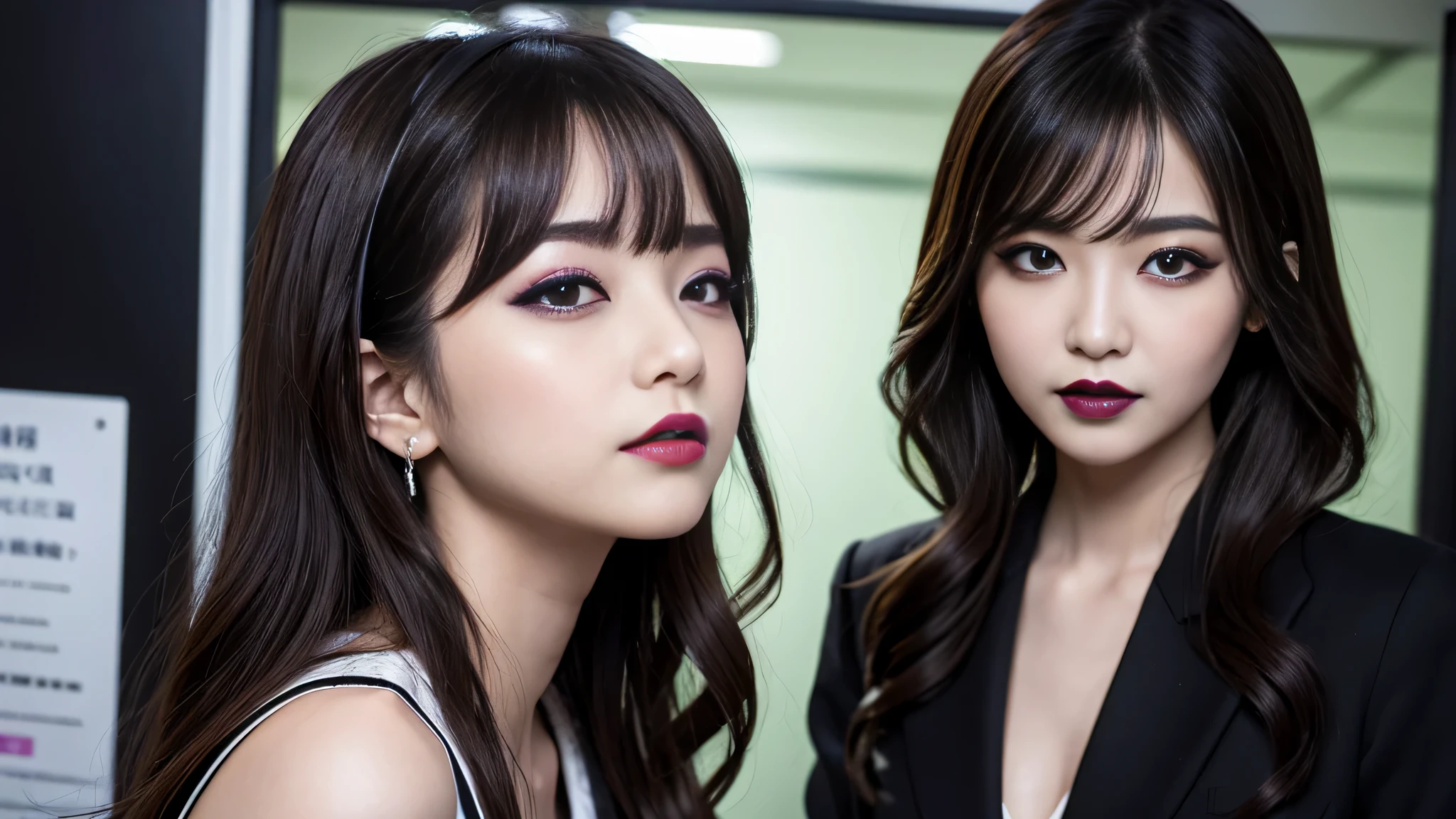 1people、best quality、ultra-detailed、4k、Japanese、Seductive beauty、seductive adult woman、Pretty Woman、cool girl、Villainess、Brainwashed、brainwash、Fallen into evil、smirk、Evil look、Wicked Smile、evil、Brown hair、wavy hair、swept bangs、dark makeup、dark makeup、piercing eyes、hollow eyes,half-closed eyes、Hollow Eyes、purple Eyeshadow、black lipstick、black lipglos、female teacher、suit、ribbon、Jacket、night、inside darkroom、Seduce、Applying lipstick、
