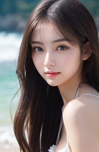 (((16ｋ,Attention to detail,Attention to detail、masterpiece,Attention to detail,alone))),RAW Photos & Realistic atmosphere，Realistic photos，Half Japanese and half Russian，((beautiful, Well-proportioned face,))，((beautiful dark eyes,Mouth Details,Glossy Lips,Thin eyebrows)),beautiful Eyes、Glowing soft white skin、彼女の深い黒い瞳はとてもbeautiful,Lip details、とてもbeautiful顔,とてもbeautiful顔、beautiful face,beautiful, Glowing Lips,beautifulThin eyebrows,Infinite Faces, Realistic Young Gravure Idol, Very cute beauty , Young Gravure Idol, ((Young Gravure Idol, Very beautiful and cute 18 year old beauty,Incredibly beautiful and elegant 18 year old)),Natural soft light,（Shiny Hair,,beautiful and kind eyes：1.5）,A very kind smile,Shapely breasts,Medium Long Hair,Seaside，bikini,beautiful posture,No makeup，Background sea，A small smile，