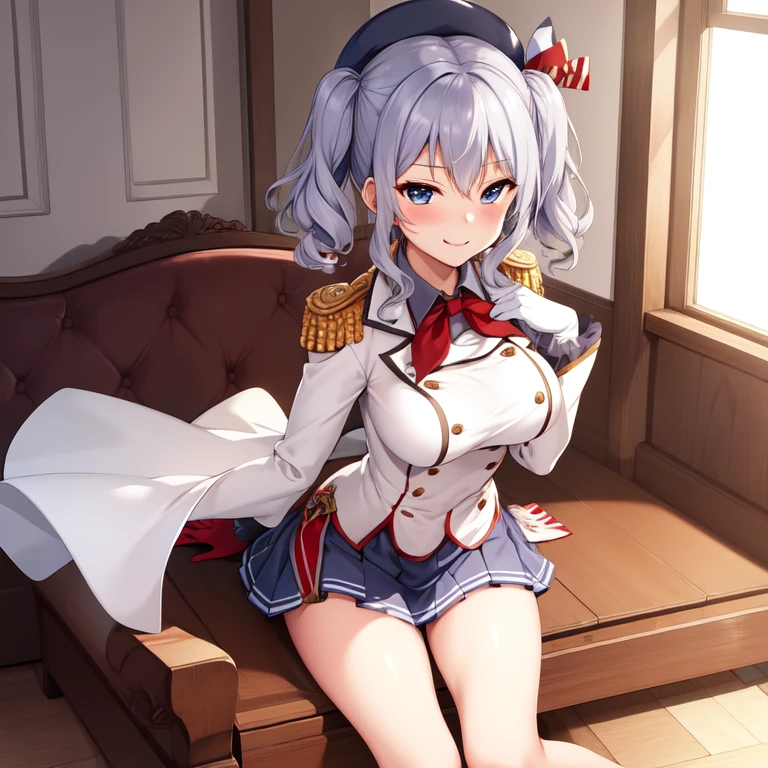 (masterpiece, best quality:1.2),Smirk,One hand touched his chest,illustration,8k,HD,1 Girl,Solitary,portrait,blush,Gray hair,blue eyes,curls,Double tail,Crane plum,Berets,Epaulettes,Ruffled sleeves,jacket,Large Breasts,Long sleeve,,mini skirt,Pleated Skirt,Red tie,White gloves,anchor,