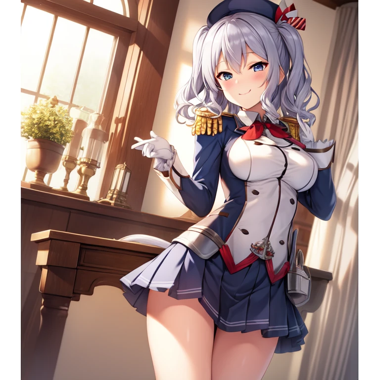 (masterpiece, best quality:1.2),Smirk,One hand touched his chest,illustration,8k,HD,1 Girl,Solitary,portrait,blush,Gray hair,blue eyes,curls,Double tail,Crane plum,Berets,Epaulettes,Ruffled sleeves,jacket,Large Breasts,Long sleeve,,mini skirt,Pleated Skirt,Red tie,White gloves,anchor,