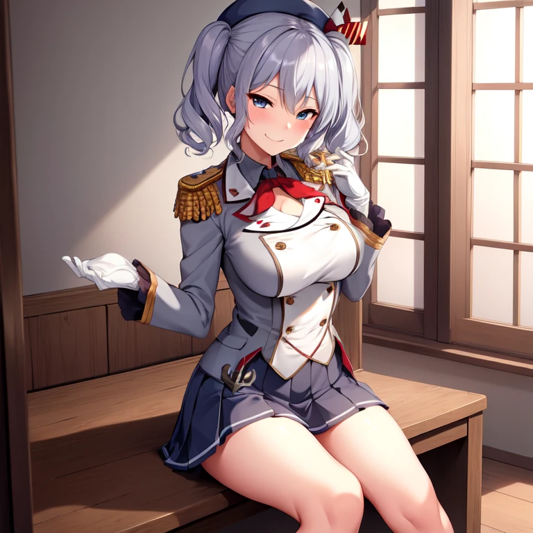 (masterpiece, best quality:1.2),Smirk,One hand touched his chest,illustration,8k,HD,1 Girl,Solitary,portrait,blush,Gray hair,blue eyes,curls,Double tail,Crane plum,Berets,Epaulettes,Ruffled sleeves,jacket,Large Breasts,Long sleeve,,mini skirt,Pleated Skirt,Red tie,White gloves,anchor,