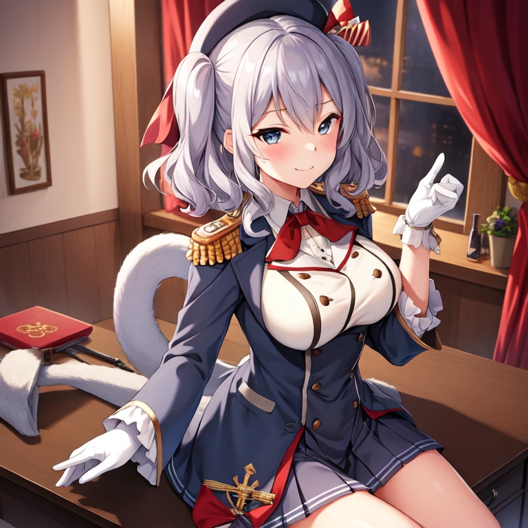 (masterpiece, best quality:1.2),Smirk,One hand touched his chest,illustration,8k,HD,1 Girl,Solitary,portrait,blush,Gray hair,blue eyes,curls,Double tail,Crane plum,Berets,Epaulettes,Ruffled sleeves,jacket,Large Breasts,Long sleeve,,mini skirt,Pleated Skirt,Red tie,White gloves,anchor,