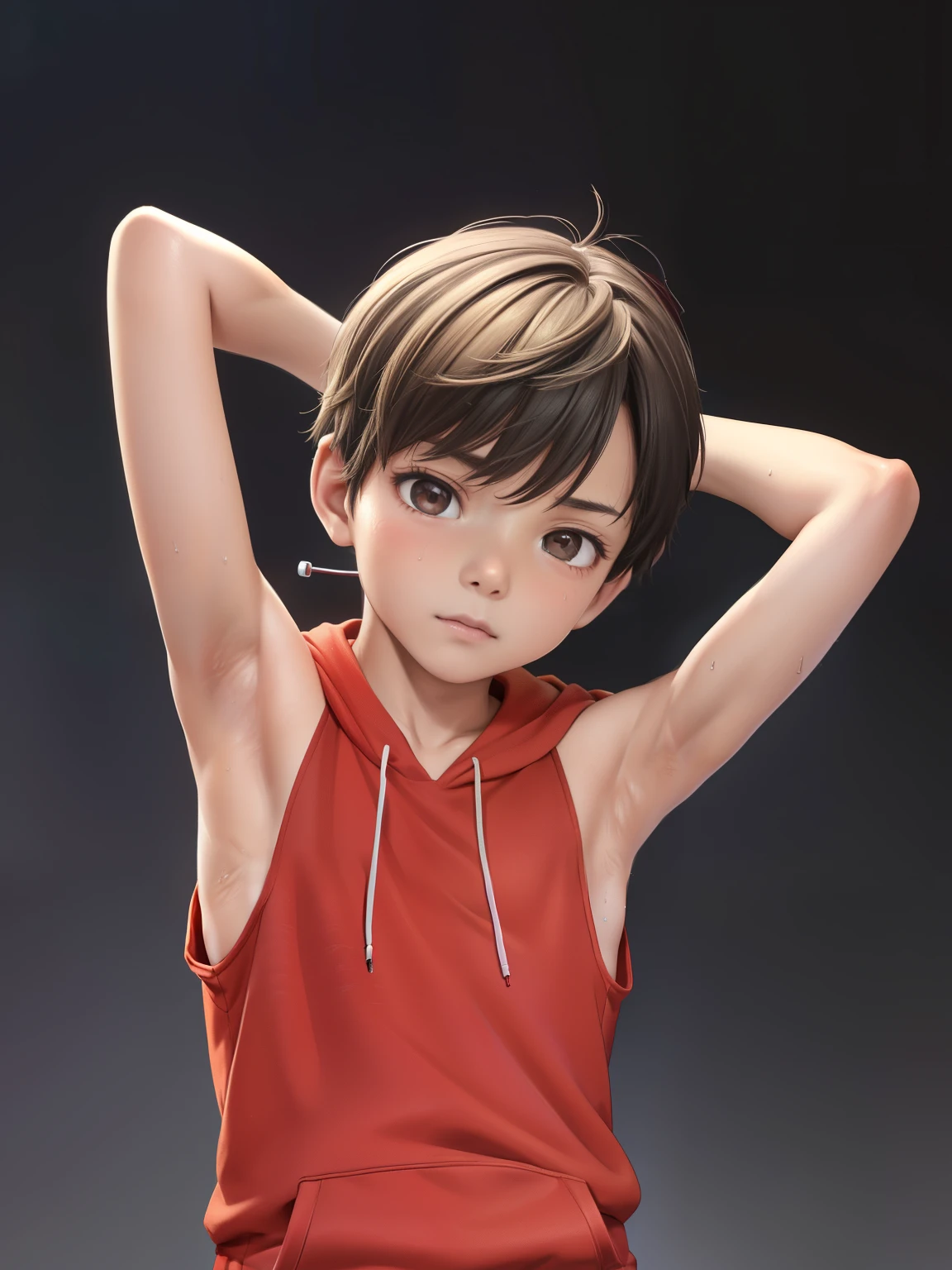 Highres, Masterpiece, Best quality at best,Best Quality,hight quality, hight detailed, 1boy, Shota, Red hoodie, Wearing headset, Sleeveless hoodie, (Smooth armpit), (very young boy), (very small and short body), 12-year-old boys, (Showing armpit:1.3), Simple beckground, Little sweat