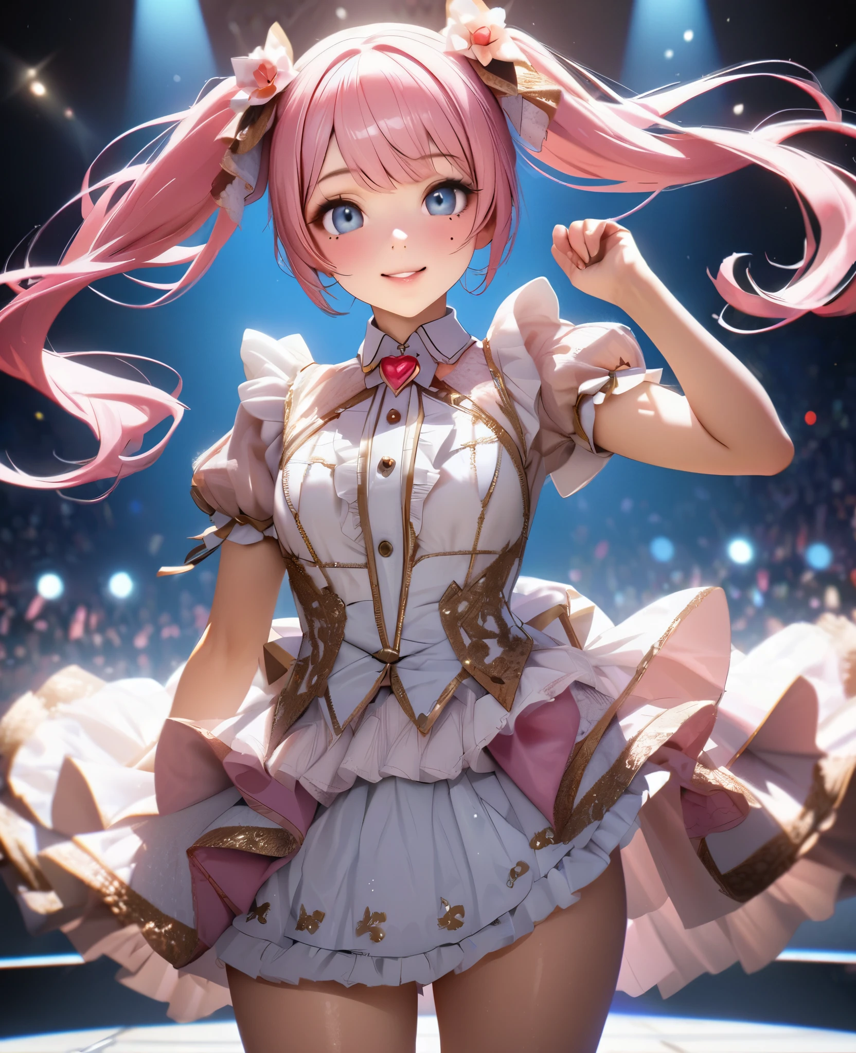 One Girl、Looking at the audience、
Beautiful Blue Eyes、short pink hair、Bun twin tails,Mole under the eye、Plump and glossy lips、Heart-shaped choca、Idol、smile、ー、。.。.。.。.。.。.。.。.。.。.。.。.。.。.。.。.。.。.3D、Realistic、
Princess dress with too many frills、Short skirt、Drape clothes、gem、The decoration has been removed、Floral、Lace trim、bright stage、
masterpiece、highest quality、8k、Detailed skin texture、Detailed cloth texture、Beautifully detailed face、Intricate details、Very detailed、
超A high resolution、8K Ultra HD、Film Grain、Best Shadow、delicate、Staring at the audience、front