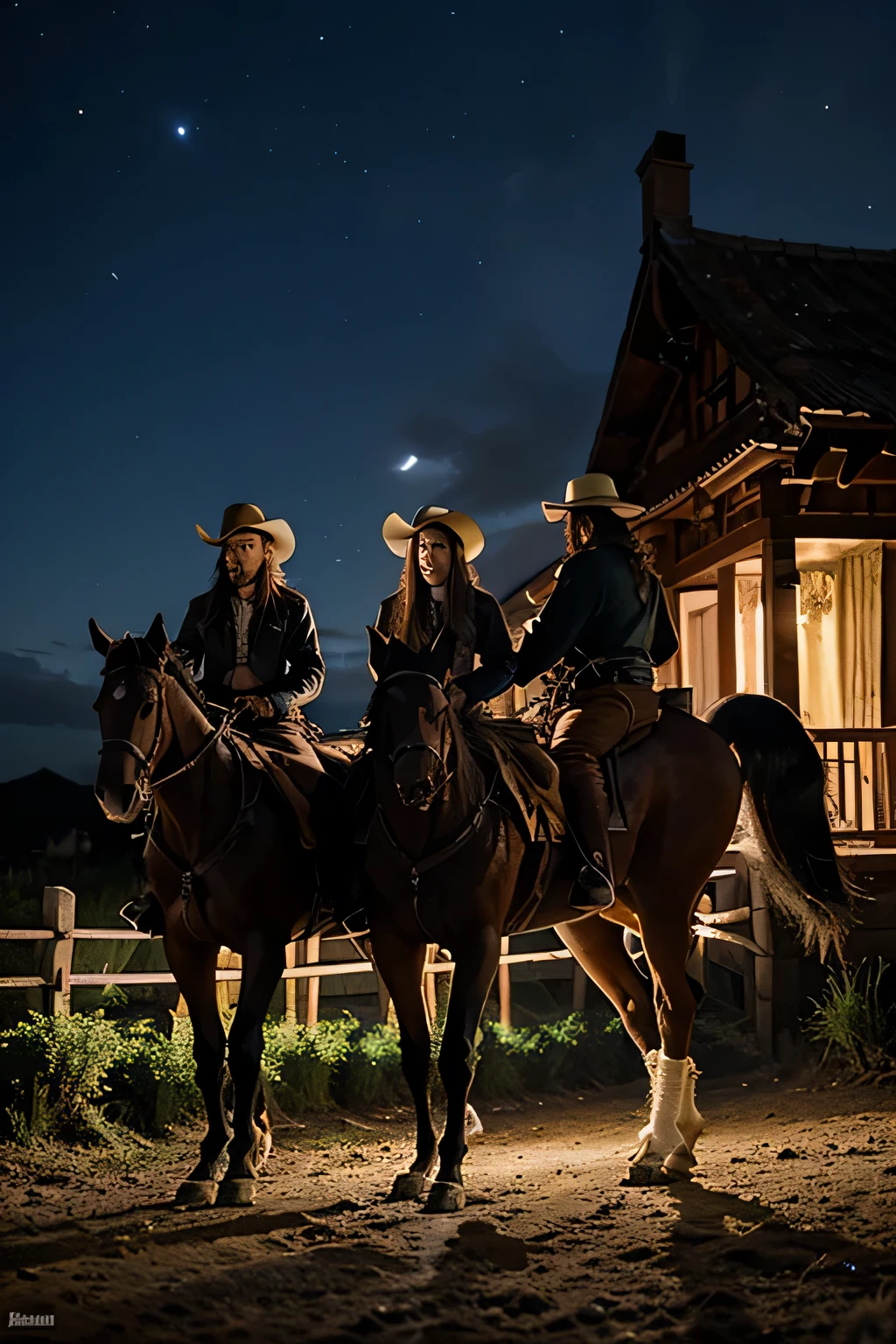 tres hombres exploradores montados a caballo en una planicie por la noche oscura