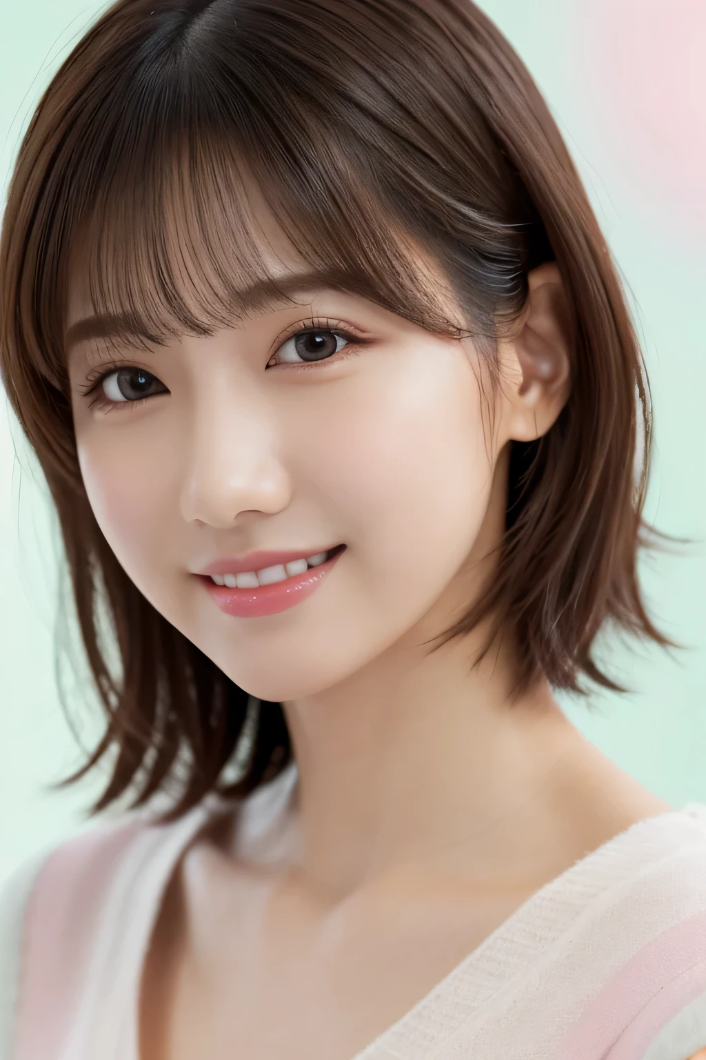 One girl, (Wearing casual pastel colored outfits:1.2), (Beautiful Japanese idol portrait photos),
(Simple background in light colors:1.3),
(RAW Photos, highest quality), (Realistic, photo-Realistic:1.4), masterpiece, 8K Portrait,
Very delicate and beautiful, Very detailed, 2k wallpaper, wonderful, In detail, Very detailed CG unity 8k wallpaper, 
Very detailedな, High resolution, 
Soft Light, Beautiful detailed girl, Very detailed eyes and face, Beautifully detailed nose, Beautiful fine details,
Cinema Lighting, Perfect Anatomy, 
Slender body, Flat Chest, Semi-short hair, Parted bangs, Bokeh, Dynamic Angle, A light smile,