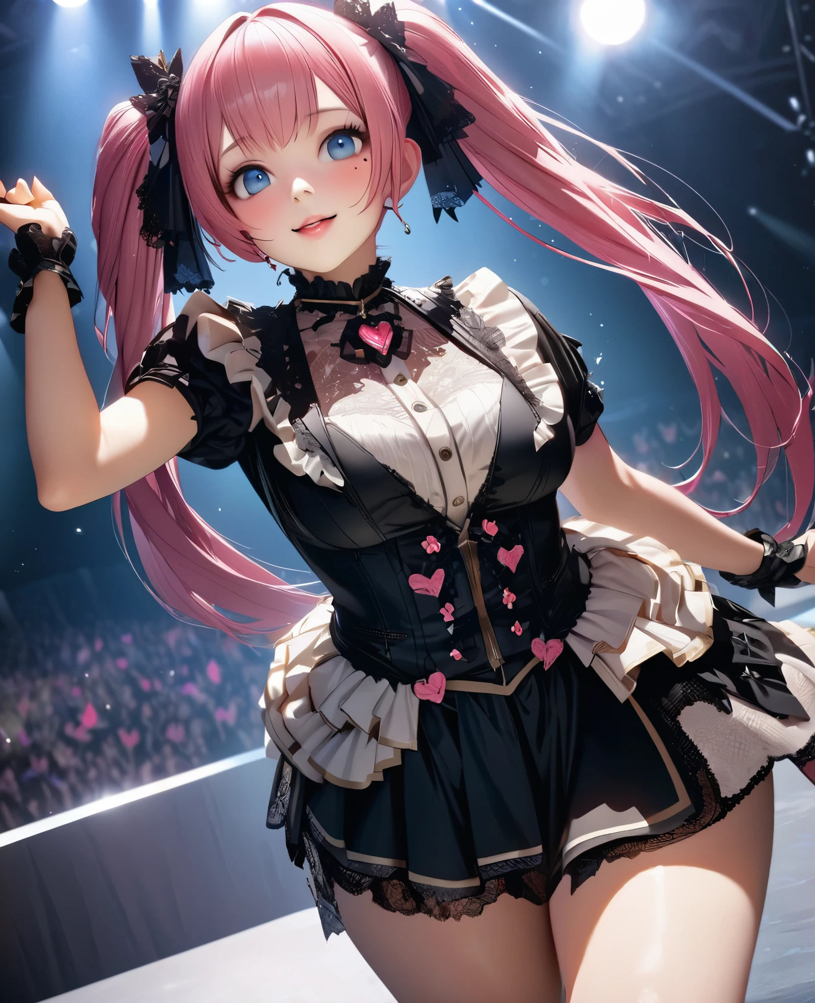 One Girl、Looking at the audience、
Beautiful Blue Eyes、short pink  hair、Bun twin tails,Mole under the eye、Plump and glossy lips、Heart-shaped choca、Idol、smile、ー、。.。.。.。.。.。.。.。.。.。.。.。.。.。.。.。.。.。.3D、Realistic、
Princess dress with too many frills、Short skirt、Drape clothes、gem、The decoration has been removed、Floral、Lace trim、bright stage、
masterpiece、highest quality、8k、Detailed skin texture、Detailed cloth texture、Beautifully detailed face、Intricate details、Very detailed、
超A high resolution、8K Ultra HD、Film Grain、Best Shadow、delicate、Staring at the audience、front