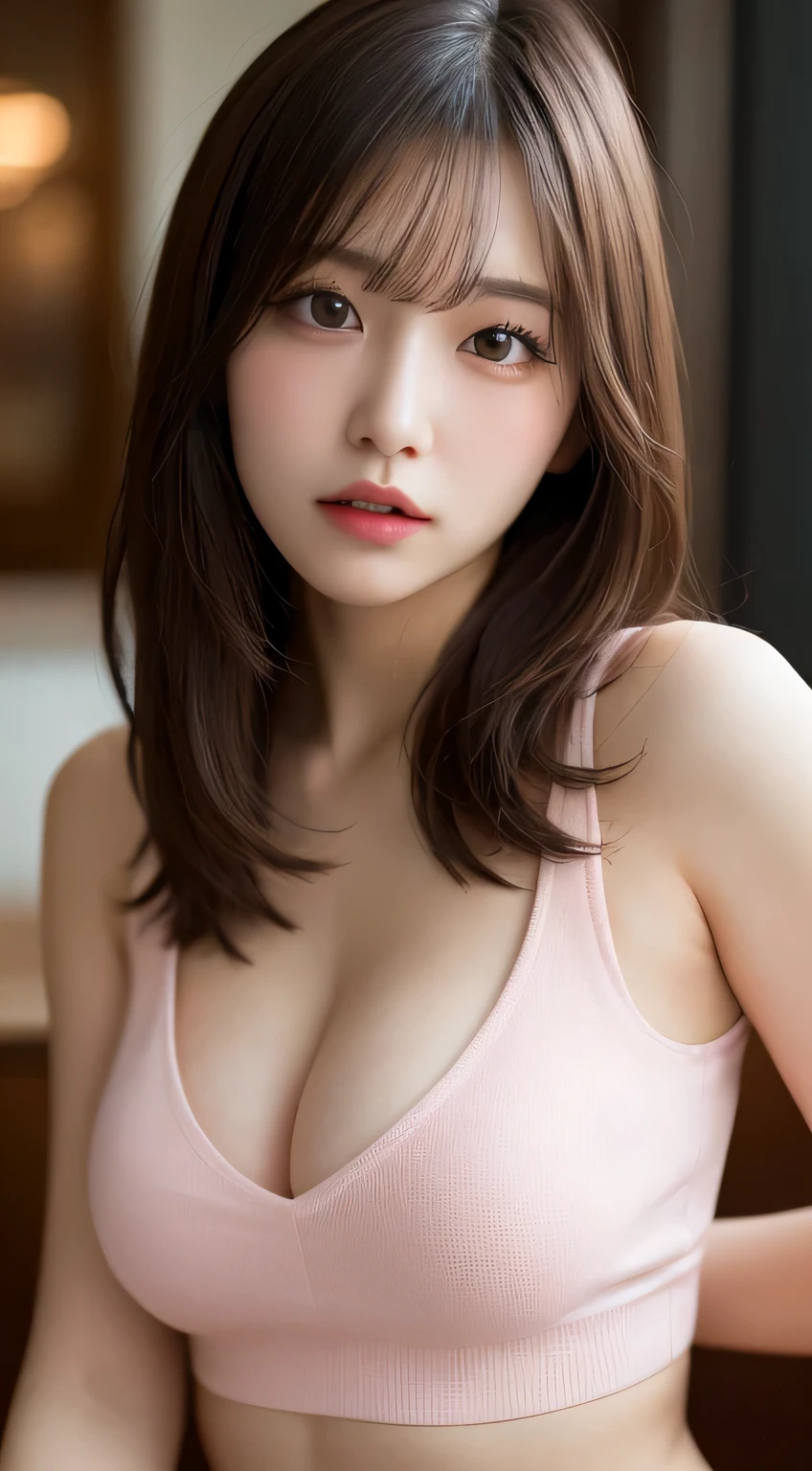 Tabletop, highest quality, figure, Very detailed, In detail, High resolution, 8k wallpaper, Perfect dynamic composition, Beautiful fine details, Natural Lip, Tank top, , Cleavage, whole body, Belly button, Random sexy poses,Pink nipples,Erotic