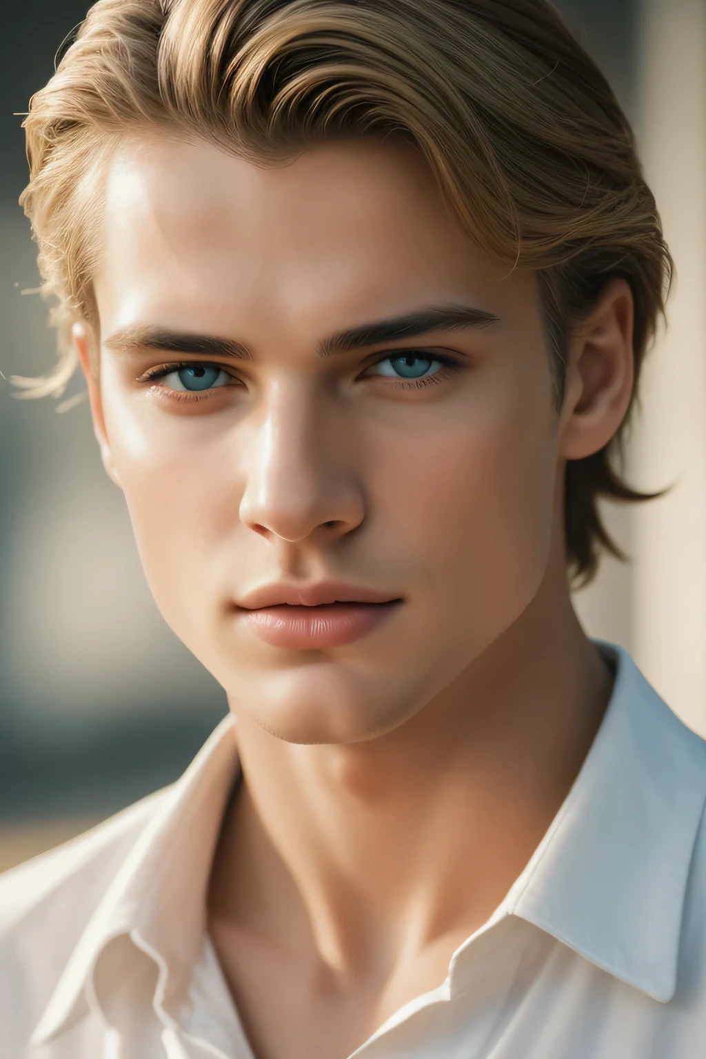 Portrait of a handsome young man, full body, beach, modeling, men's clothing, spring summer collection, white skin, extremely pale skin, blonde boy, european boy, blonde hair, (8k, RAW photo, best quality, masterpiece:1.2), (realistic, photo-realistic:1.37), ultra-detailed, (high detailed skin:1.2), 8k uhd, dslr, soft lighting, high quality, film grain, Fujifilm XT3, professional lighting, handsome 1man , (thin lips:1.3), masterpiece, pale skin,(strong jaw:1), handsome supermodel, Greek profile, young greek god, sublime beauty, delicate facial features, beautiful facial features, Greek face, strong jaw, attractive boy, , cinematographic, best quality, sharpness, focus on the boy, anatomical perfection, golden ratio, commercial, perfect symmetry, facial symmetry, body symmetry, cinematographic light, ultra detailed, cinematographic portrait, cinematographic quality, Award winning (portrait photo:1. 4), high quality, hyper realistic, 4k, realistic, backlighting, (shallow depth of field:1. 5), by lee jeffries nikon d850 film stock photograph 4 kodak portra 400 camera f1. 6 lens rich colors hyper realistic lifelike texture dramatic lighting unreal engine trending on artstation cinestill 800 (vignette:1. 3), filmgrain, artistic photography, perfect composition, beautiful detailed, cinematic perfect light, focus outfit, focus clothes, focus boy