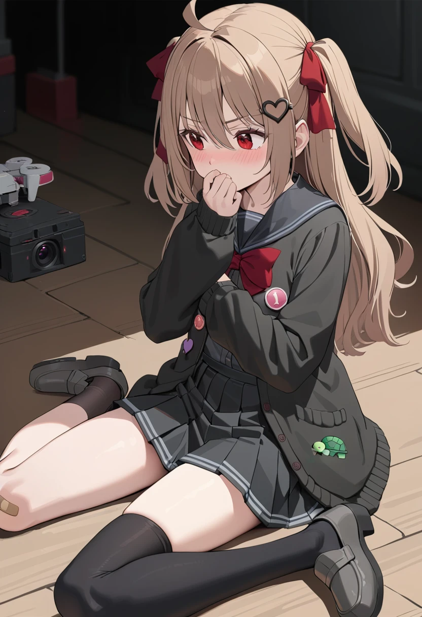 1girl, evil neuro-sama, red eyes, light brown hair, ahoge, two side up, hair ribbon, dark red ribbon, heart hair ornament, black cardigan, open cardigan, black sailor collar, long sleeves, red bow, heart, button badge, star \(symbol\), drone, the number "1" on a badge, turtle, black skirt, pleated skirt, asymmetrical legwear, black thighhighs, black kneehighs, bandaid on knee, grey footwear, loafers, (masterpiece, best quality), highly detailed, finely detailed, blushing, shy, looking away, hand covering mouth, on floor, w-shaped legs,