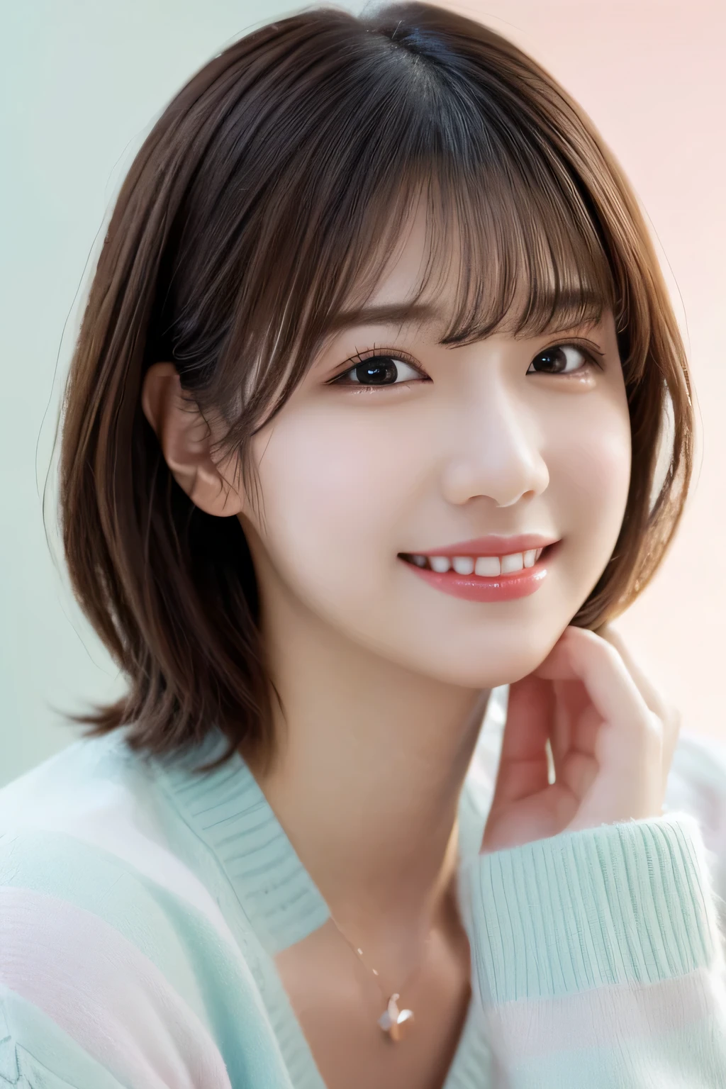 One girl, (Wearing casual pastel colored outfits:1.2), (Beautiful Japanese idol portrait photos),
(Simple background in light colors:1.3),
(RAW Photos, highest quality), (Realistic, photo-Realistic:1.4), masterpiece, 8K Portrait,
Very delicate and beautiful, Very detailed, 2k wallpaper, wonderful, In detail, Very detailed CG unity 8k wallpaper, 
Very detailedな, High resolution, 
Soft Light, Beautiful detailed girl, Very detailed eyes and face, Beautifully detailed nose, Beautiful fine details,
Cinema Lighting, Perfect Anatomy, 
Slender body, Flat Chest, Semi-short hair, Parted bangs, Bokeh, Dynamic Angle, A light smile,