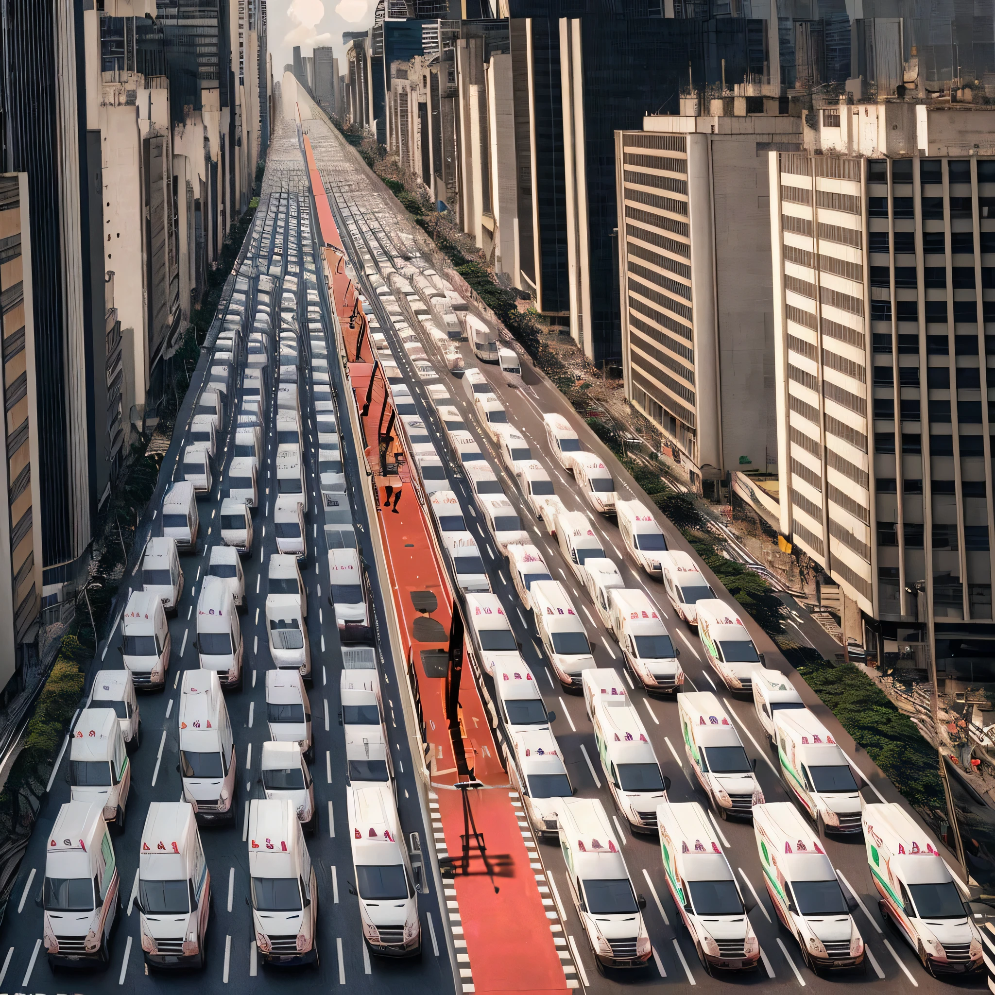 Based on the attached image, I want a photo with a side view of Avenida Paulista, in São Paulo.
+ I don't want a front view.
+ I want the vanishing point to be further to the left of the image.
+ I don't want a symmetrical image.
+ I want to see both tracks.
+ Each track has 4 tracks
+ Each track measures 12.6 meters wide
+ I want to see a bunch of white mini ambulances, all lined up and stopped to fill the entire length of the avenue and the 8 lanes.
+ All ambulances were built to the size of a small car.
+ All ambulances are the same and identical to each other.
+ All ambulances are together, longitudinally spaced 0.5 meters apart.
+ There are no empty spaces behind or in front of the ambulances.
+ Show the median in accordance with reality, with what really exists - the median measures 3m wide.
+ Surrounding buildings must be new and well maintained.
+ The camera must be on top of a building next to one of the tracks, to give a side view.
+ I want you to consider and heed all instructions.
+ Masterpiece.