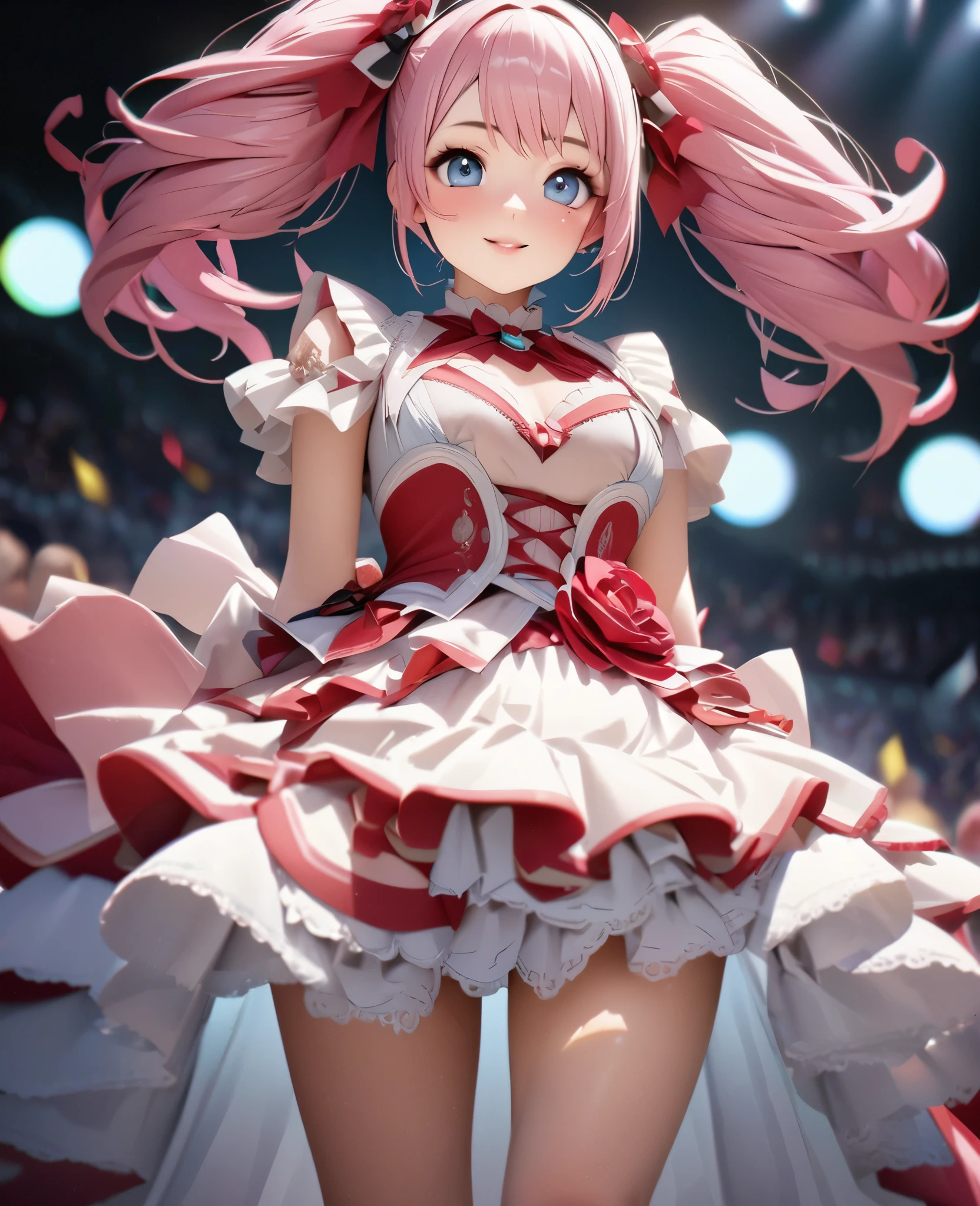 One Girl、Looking at the audience、
Beautiful Blue Eyes、short pink hair、twin tails,Mole under the eye、Plump and glossy lips、Heart-shaped choca、Idol、smile、ー、。.。.。.。.。.。.。.。.。.。.。.。.。.。.。.。.。.。.3D、Realistic、
Princess dress with too many frills、Short skirt、Drape clothes、gem、The decoration has been removed、Floral、Lace trim、bright stage、
masterpiece、highest quality、8k、Detailed skin texture、Detailed cloth texture、Beautifully detailed face、Intricate details、Very detailed、
超A high resolution、8K Ultra HD、Film Grain、Best Shadow、delicate、Staring at the audience、front