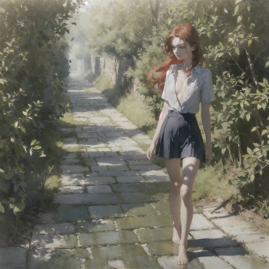 Beautiful slender thin exquisite (nude) girl 16 years old with a perfect face of the southern type with red hair with tender breasts with tender nipples barefoot with bare hips ((with red pubic hairs)) ((in an unbuttoned light shirt over a naked body and a short blue skirt)) walks along a brick road in the middle of a flowering field, in a gentle watercolor style, Discreet shades, sfumato, haze, diffused dim light, delicate mint shades, imitation of film photography, (olive and grape groves, Brick Road)