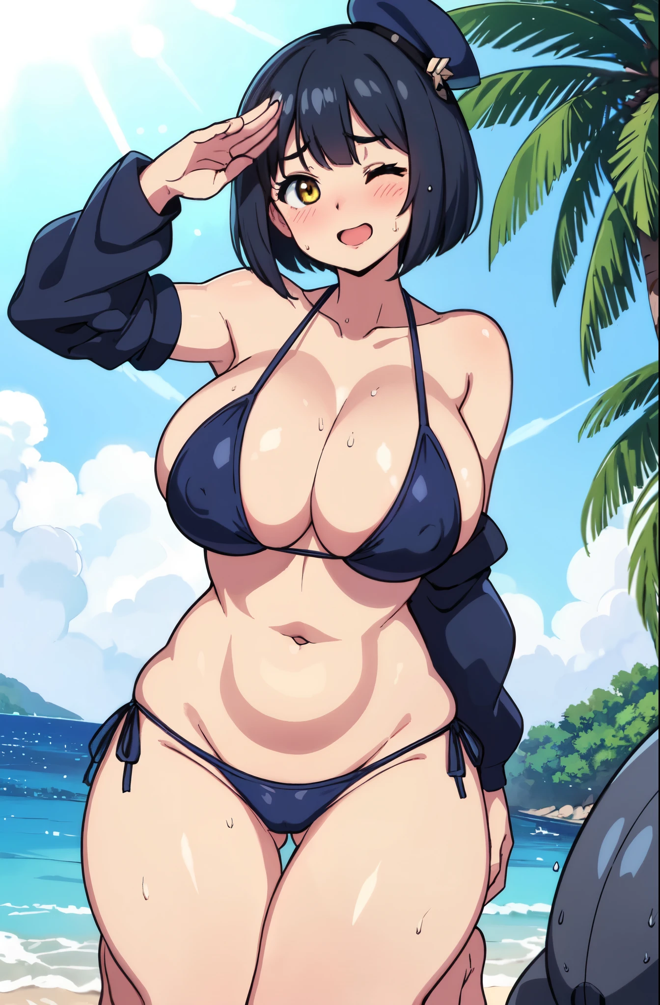 (( close、16k、highest quality、Attention to detail、Rich skin detail, Browsing Caution、、Chubby)),Police Hat、((Navy Blue Bikini、Cyber Protector)),(Yellow Eyes)、((Bobcut))、((Black Hair))、(Beautiful Eyes)、 ((Swollen nipge breasts)), hand salute、Left hand on hip、Kneel))、 One eye closed、((Sweat、Wet))、 ((blush))、(Wide Hips、Thick thighs)、((((Embarrassing))))、:d、((Beach))