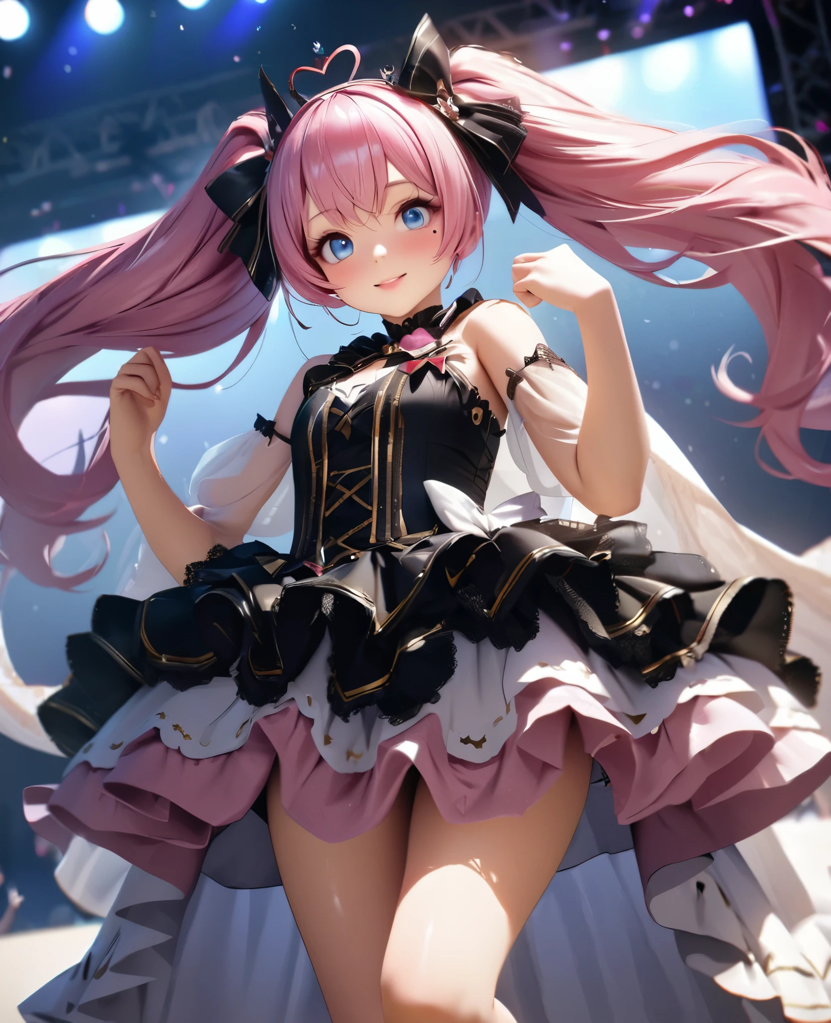 One Girl、Looking at the audience、
Beautiful Blue Eyes、short pink hair、twin tails,Mole under the eye、Plump and glossy lips、Heart-shaped choca、Idol、smile、ー、。.。.。.。.。.。.。.。.。.。.。.。.。.。.。.。.。.。.3D、Realistic、
Princess dress with too many frills、Short skirt、Drape clothes、gem、The decoration has been removed、Floral、Lace trim、bright stage、
masterpiece、highest quality、8k、Detailed skin texture、Detailed cloth texture、Beautifully detailed face、Intricate details、Very detailed、
超A high resolution、8K Ultra HD、Film Grain、Best Shadow、delicate、Staring at the audience、front