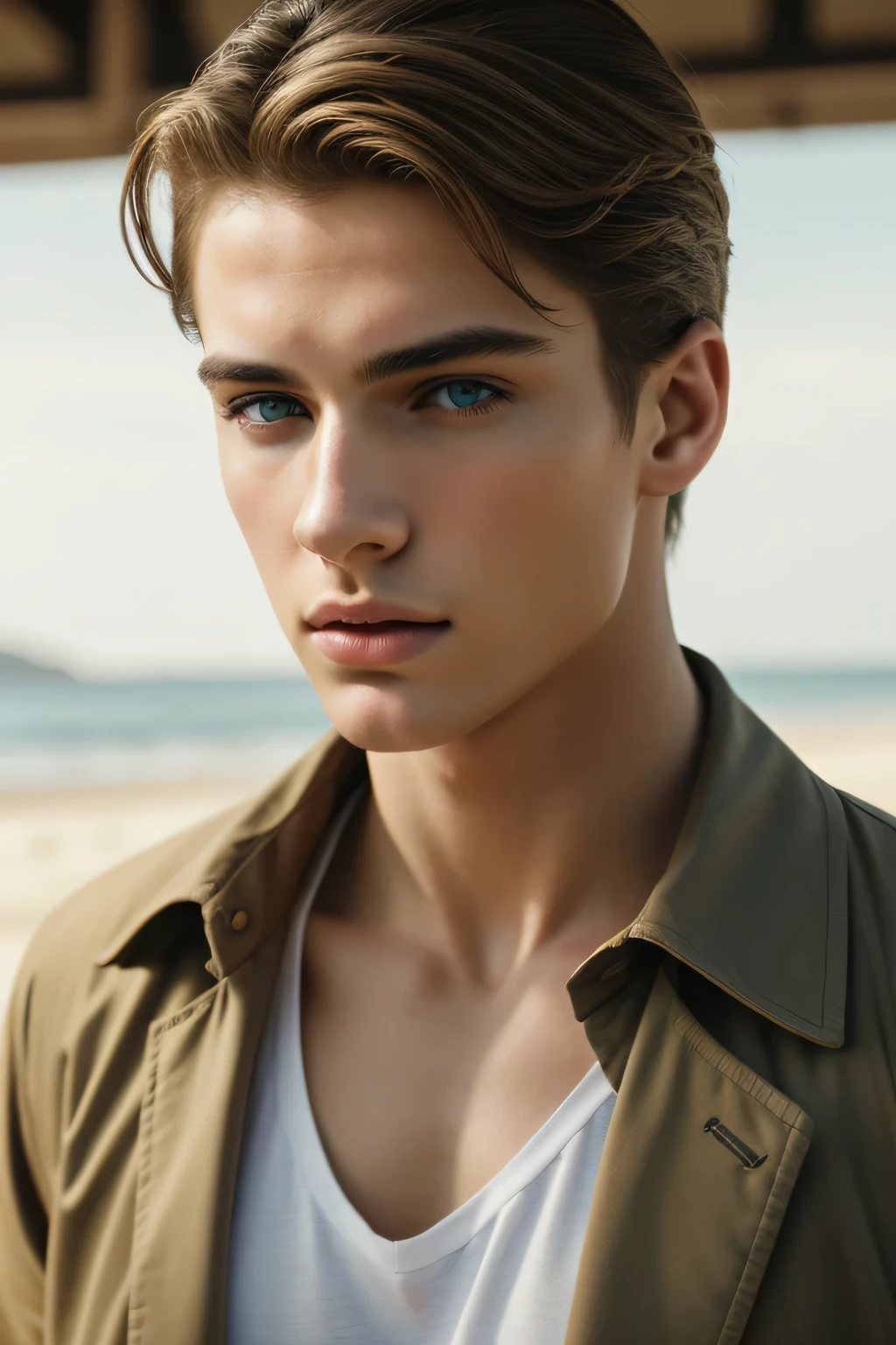 Portrait of a handsome young man, full body, beach, modeling, men's clothing, spring summer collection, white skin, extremely pale skin, blonde boy, european boy, blonde hair, (8k, RAW photo, best quality, masterpiece:1.2), (realistic, photo-realistic:1.37), ultra-detailed, (high detailed skin:1.2), 8k uhd, dslr, soft lighting, high quality, film grain, Fujifilm XT3, professional lighting, handsome 1man , (thin lips:1.3), masterpiece, pale skin,(strong jaw:1), handsome supermodel, Greek profile, young greek god, sublime beauty, delicate facial features, beautiful facial features, Greek face, strong jaw, attractive boy, , cinematographic, best quality, sharpness, focus on the boy, anatomical perfection, golden ratio, commercial, perfect symmetry, facial symmetry, body symmetry, cinematographic light, ultra detailed, cinematographic portrait, cinematographic quality, Award winning (portrait photo:1. 4), high quality, hyper realistic, 4k, realistic, backlighting, (shallow depth of field:1. 5), by lee jeffries nikon d850 film stock photograph 4 kodak portra 400 camera f1. 6 lens rich colors hyper realistic lifelike texture dramatic lighting unreal engine trending on artstation cinestill 800 (vignette:1. 3), filmgrain, artistic photography, perfect composition, beautiful detailed, cinematic perfect light, focus outfit, focus clothes, focus boy