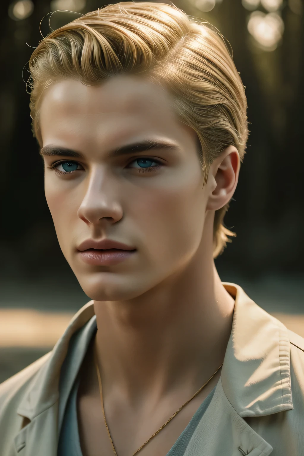 Portrait of a handsome young man, full body, beach, modeling, men's clothing, spring summer collection, white skin, extremely pale skin, blonde boy, european boy, blonde hair, (8k, RAW photo, best quality, masterpiece:1.2), (realistic, photo-realistic:1.37), ultra-detailed, (high detailed skin:1.2), 8k uhd, dslr, soft lighting, high quality, film grain, Fujifilm XT3, professional lighting, handsome 1man , (thin lips:1.3), masterpiece, pale skin,(strong jaw:1), handsome supermodel, Greek profile, young greek god, sublime beauty, delicate facial features, beautiful facial features, Greek face, strong jaw, attractive boy, , cinematographic, best quality, sharpness, focus on the boy, anatomical perfection, golden ratio, commercial, perfect symmetry, facial symmetry, body symmetry, cinematographic light, ultra detailed, cinematographic portrait, cinematographic quality, Award winning (portrait photo:1. 4), high quality, hyper realistic, 4k, realistic, backlighting, (shallow depth of field:1. 5), by lee jeffries nikon d850 film stock photograph 4 kodak portra 400 camera f1. 6 lens rich colors hyper realistic lifelike texture dramatic lighting unreal engine trending on artstation cinestill 800 (vignette:1. 3), filmgrain, artistic photography, perfect composition, beautiful detailed, cinematic perfect light, focus outfit, focus clothes, focus boy