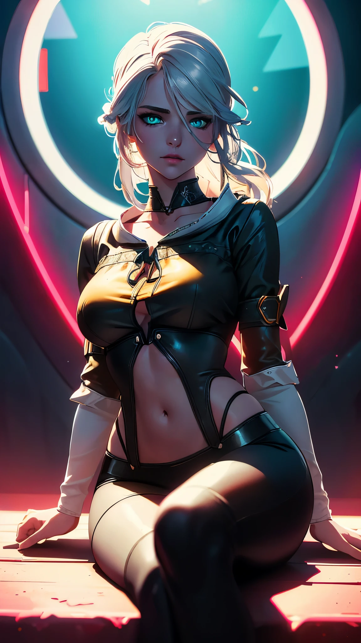 (best quality,highres:1.2),ultra-detailed,realistic,photorealistic:1.37,a beautiful girl model(Ciri from Whitcher3) in a pop style,18 years old,long legs,medium breasts,extremely detailed face (with emphasis on azure eyes),wearing tight-fitting clothes (exposing the stomach),sitting in a perfect split pose,illustration,colorful pop art style,dynamic lighting,neon colors