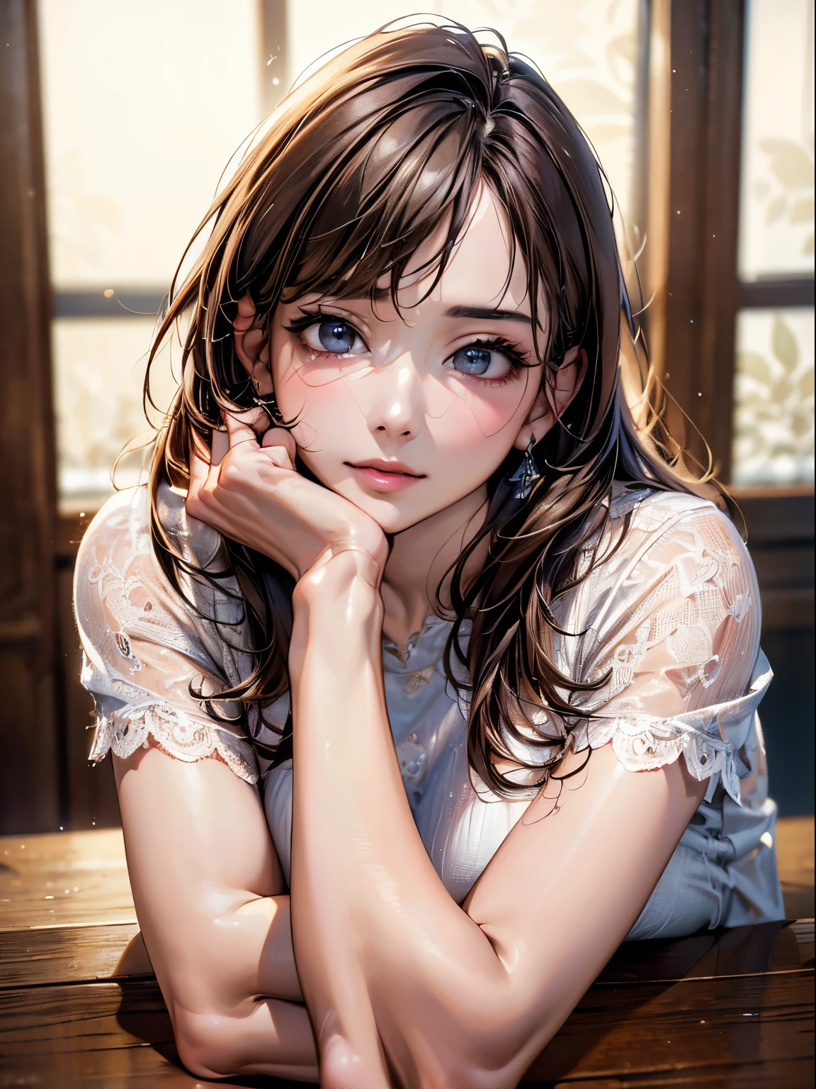Anime girl with blue eyes and long hair sitting on a table - SeaArt AI