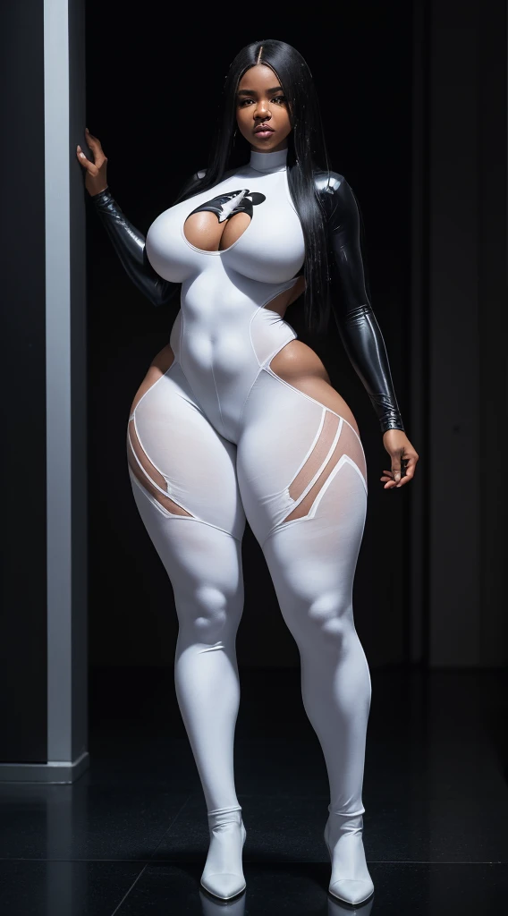 African American woman, voluptuous, big ass, full body, sucking on black dildo, sexual facial expression, superhero white costume, (sexy with bodysuit), (white superhero cosplay), romantic background, UHD, 32k, 8k, ((STRAIGHT HAIR)), dark skin, dripping wet, wet body, (chubby:1.2), (huge breasts:1.3),