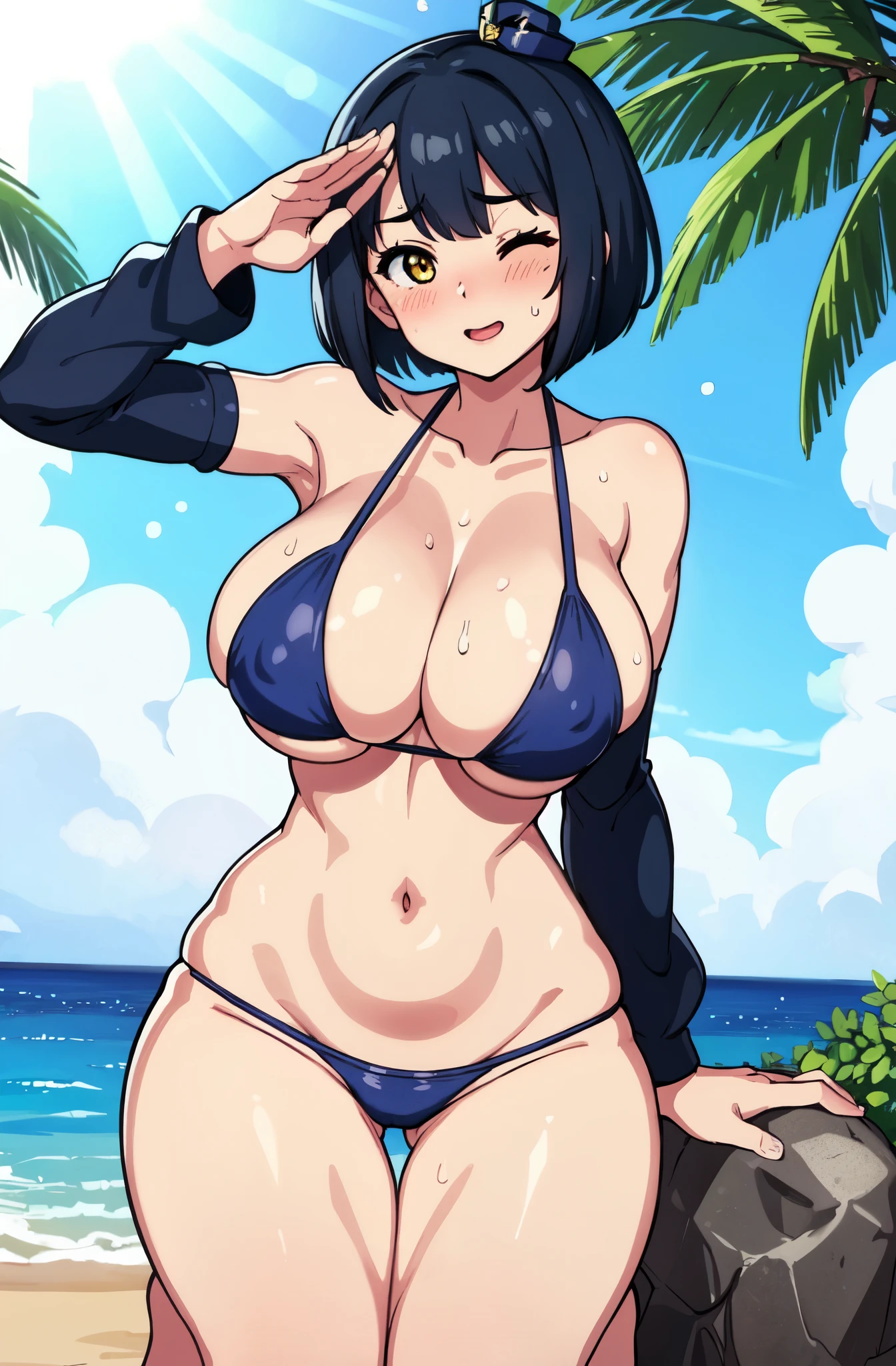 (( close、16k、highest quality、Attention to detail、Rich skin detail, Browsing Caution、Sex、Muscular)),Police Hat、((Navy Blue Bikini、Bikini Lift)),(Yellow Eyes)、((Bobcut))、((Black Hair))、(Beautiful Eyes)、 ((Swollen nipples、Huge breasts)),((Right hand salute、Left hand on hip、Kneel))、 One eye closed、((Sweat、Wet))、 ((blush))、(Wide Hips、Thick thighs)、((((Embarrassing))))、:d、((Beach))