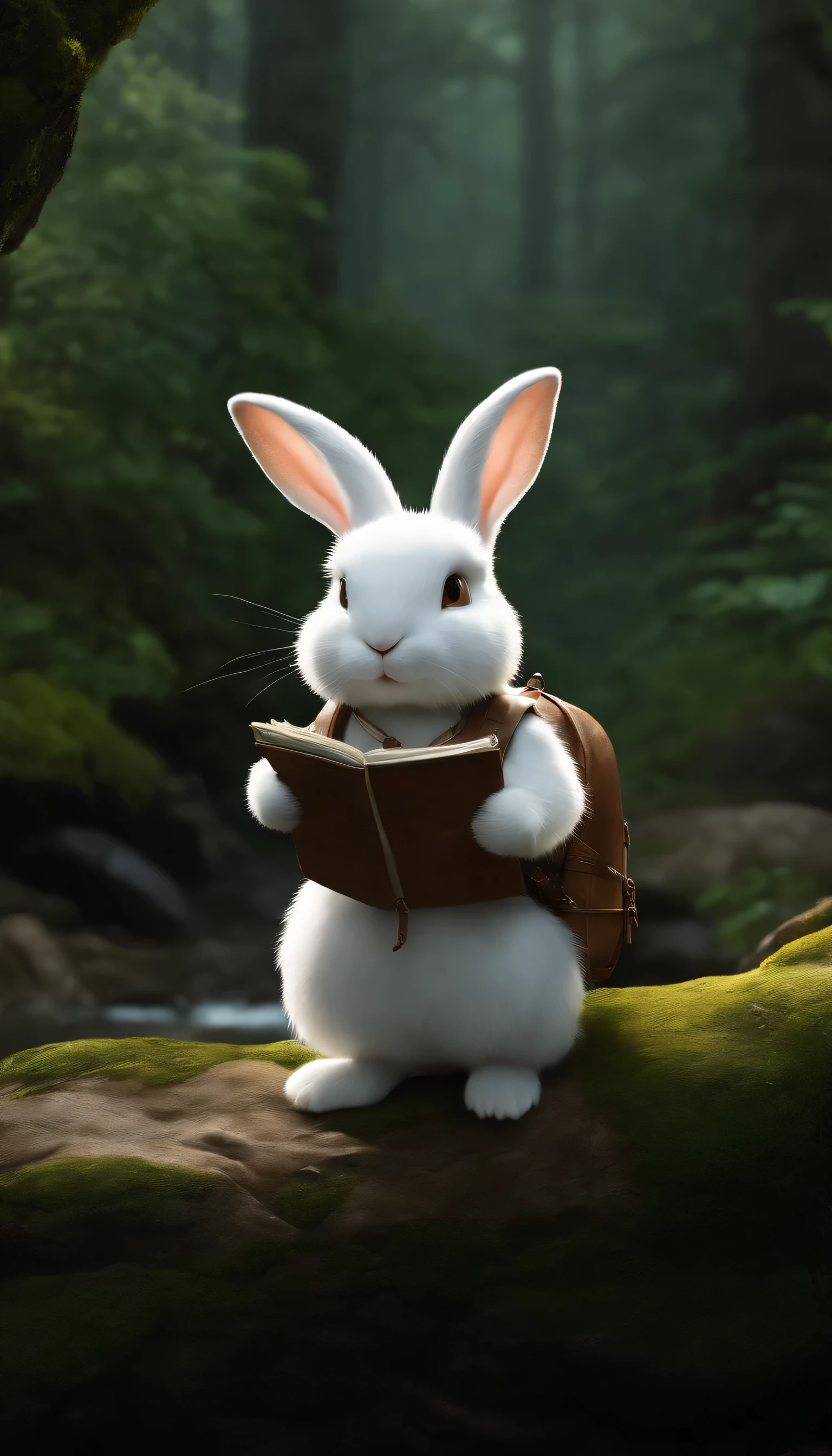 Classic Negative Portrait Photo, fancy video game character concept art, a cute white fluffy rabbit with a small brown leather backpack looking at a map walking in the forest, calabozos y Dragones, fancy, river, bruma, halo, bloom, dramatic atmosphere, dark fancy film of the 1970s, centrado, regla de los tercios
