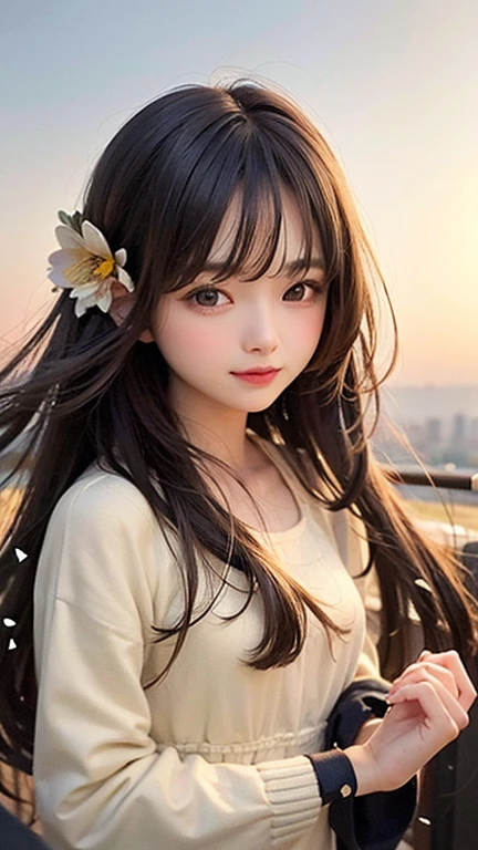 (highest quality, masterpiece), One girl, Pause, particle, Wind, flower, Upper Body, Simple Background, View your viewers, , Milky Way,smile、long hair、milky way