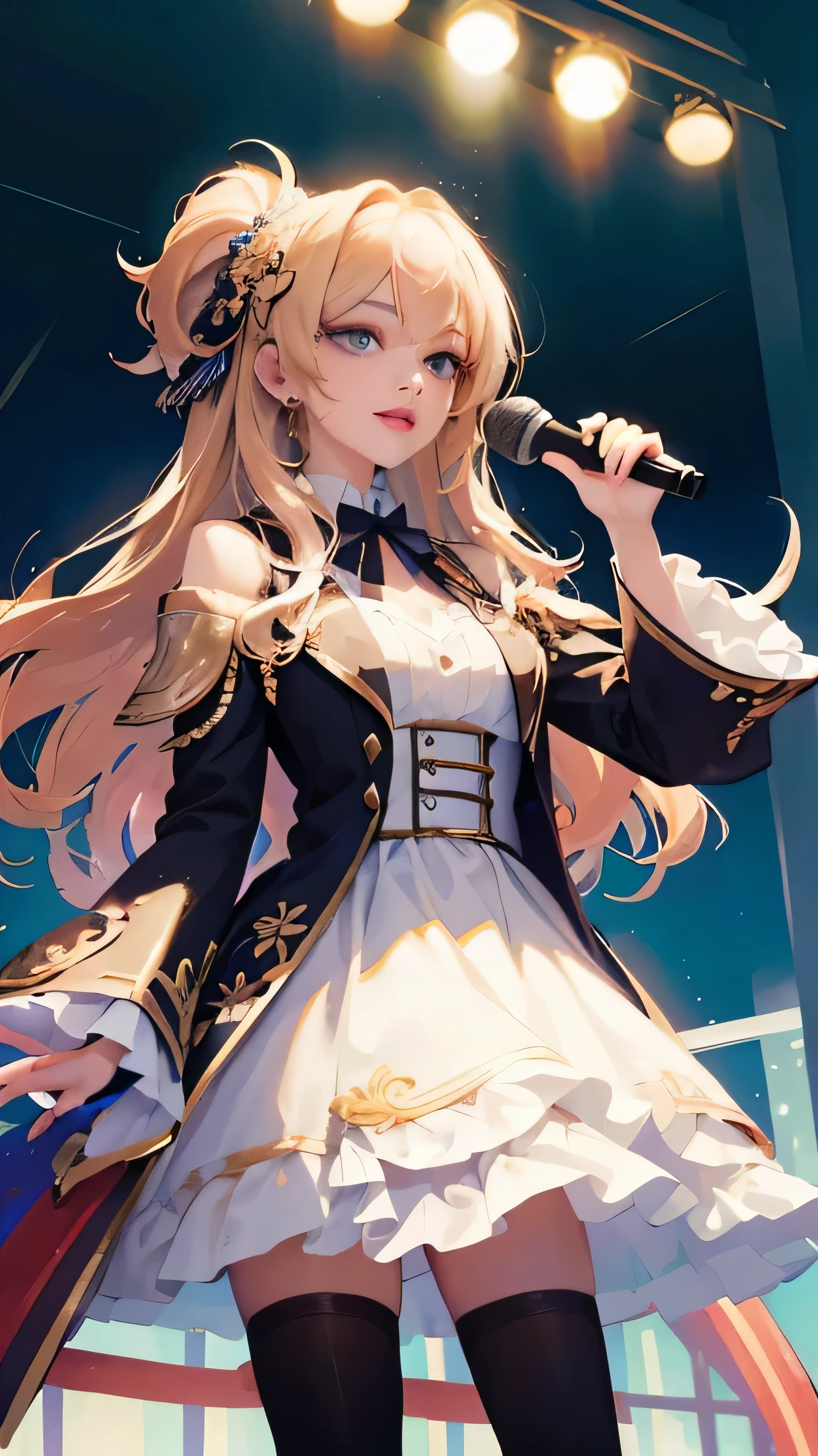An elegant woman with long hair, conducting an auction with a microphone, possessing a stunning body, high-quality well-lit images, in a vibrant atmosphere. [illustration, auction, microphone], [beautiful detailed face, elegant posture, confident expression:1.1], (best quality, high-res:1.2), (vivid colors:1.1), [detailed hair, flowing locks], [sharp focus, stunning clarity], [vibrant ambiance, bustling crowd, money exchange], (photorealistic:1.37)