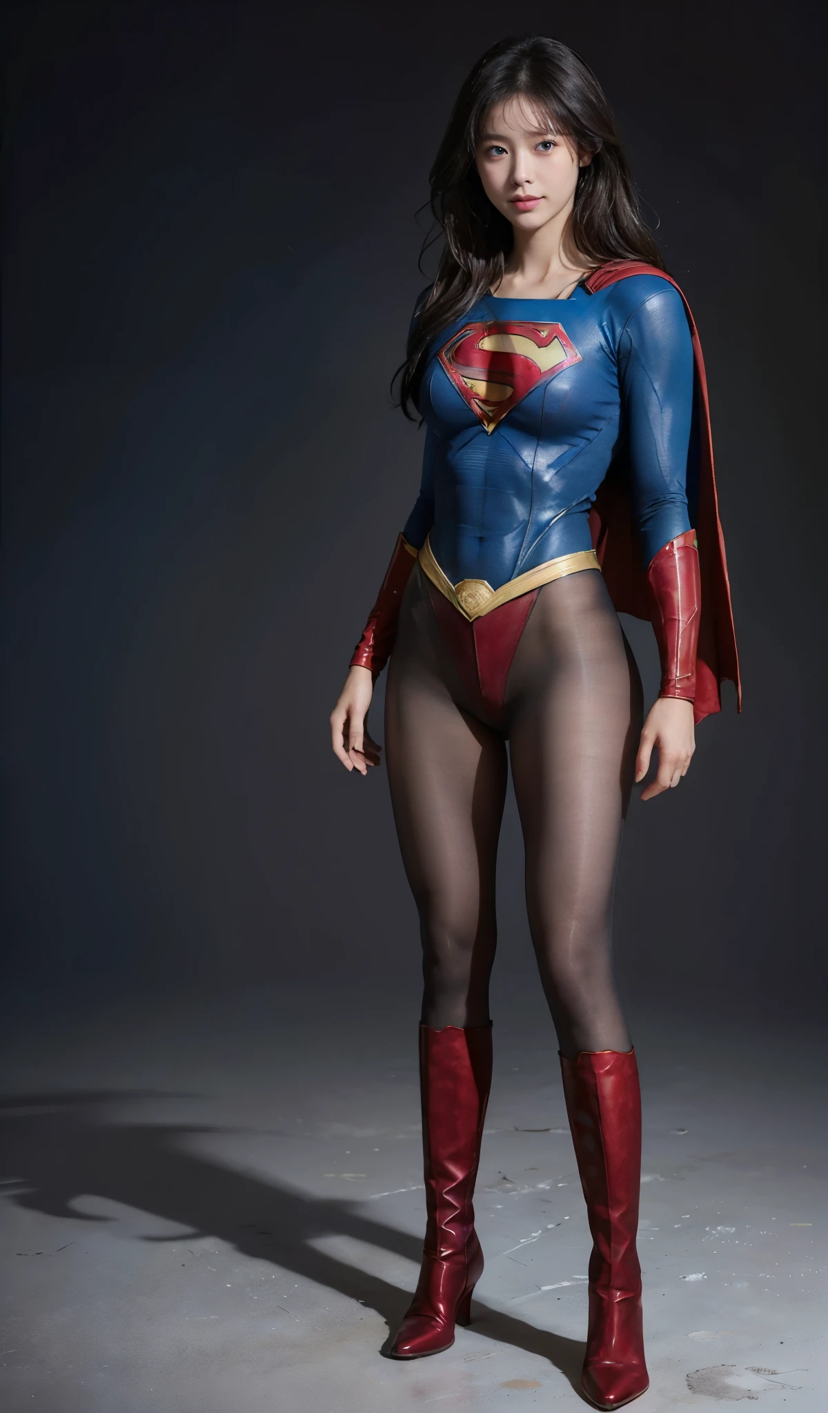 No background、(((Beautiful legs in black tights.)))、(((Legally express the beauty of your smile)))、((((Make the most of your original images)))、(((Supergirl Costume)))、(((Beautiful Hair)))、(((suffering)))、(((Please wear black tights....、Wear red boots)))、((Best image quality、8K))、((highest quality、8K、masterpiece:1.3))、(((Preserve background )))、Sharp focus:1.2、Beautiful woman with perfect figure:1.4、Thin abdominal muscles:1.2、Wet body:1.5、Highly detailed face and skin texture、8K