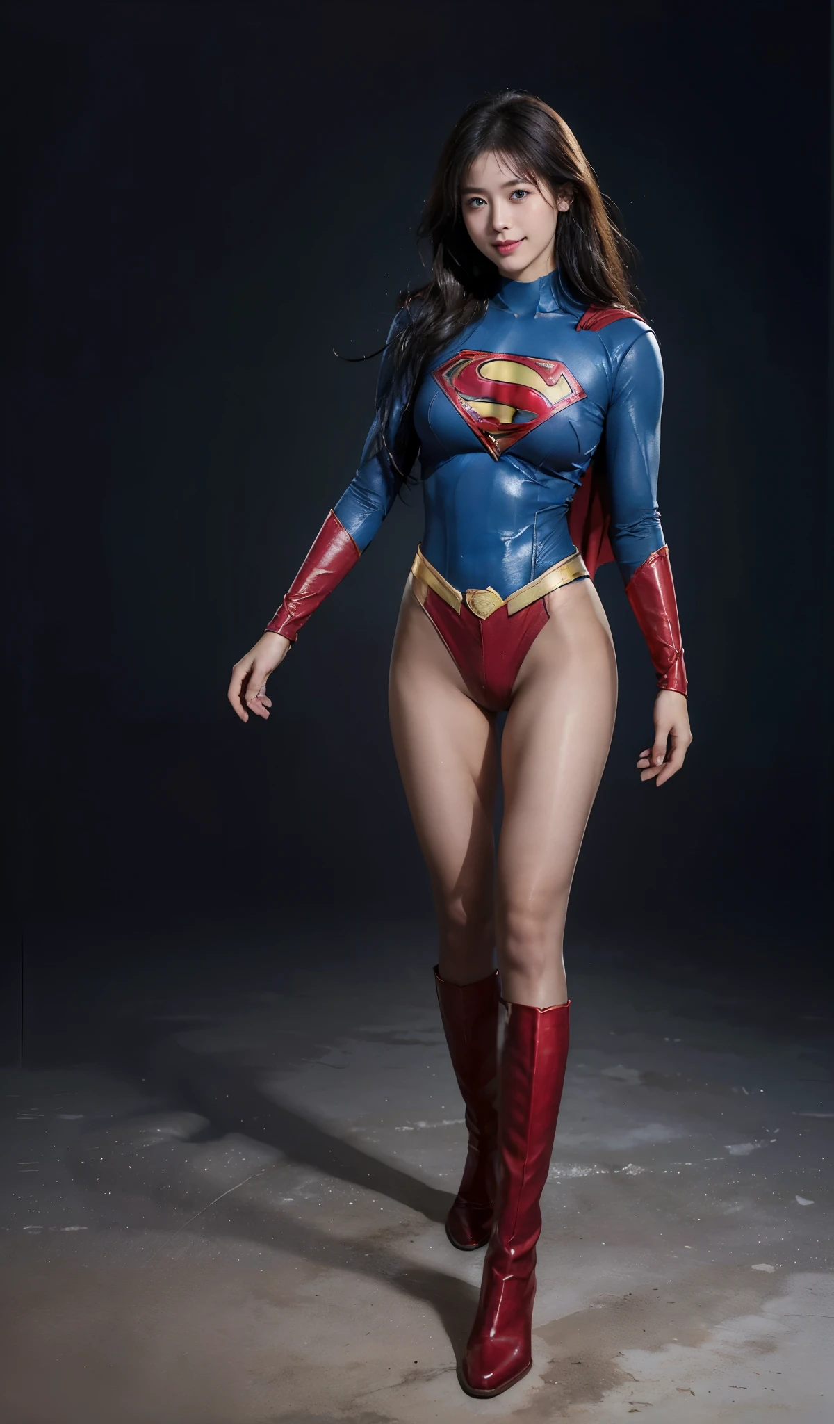 No background、(((Beautiful legs in black tights.)))、(((Legally express the beauty of your smile)))、((((Make the most of your original images)))、(((Supergirl Costume)))、(((Beautiful Hair)))、(((suffering)))、(((Please wear black tights....、Wear red boots)))、((Best image quality、8K))、((highest quality、8K、masterpiece:1.3))、(((Preserve background )))、Sharp focus:1.2、Beautiful woman with perfect figure:1.4、Thin abdominal muscles:1.2、Wet body:1.5、Highly detailed face and skin texture、8K