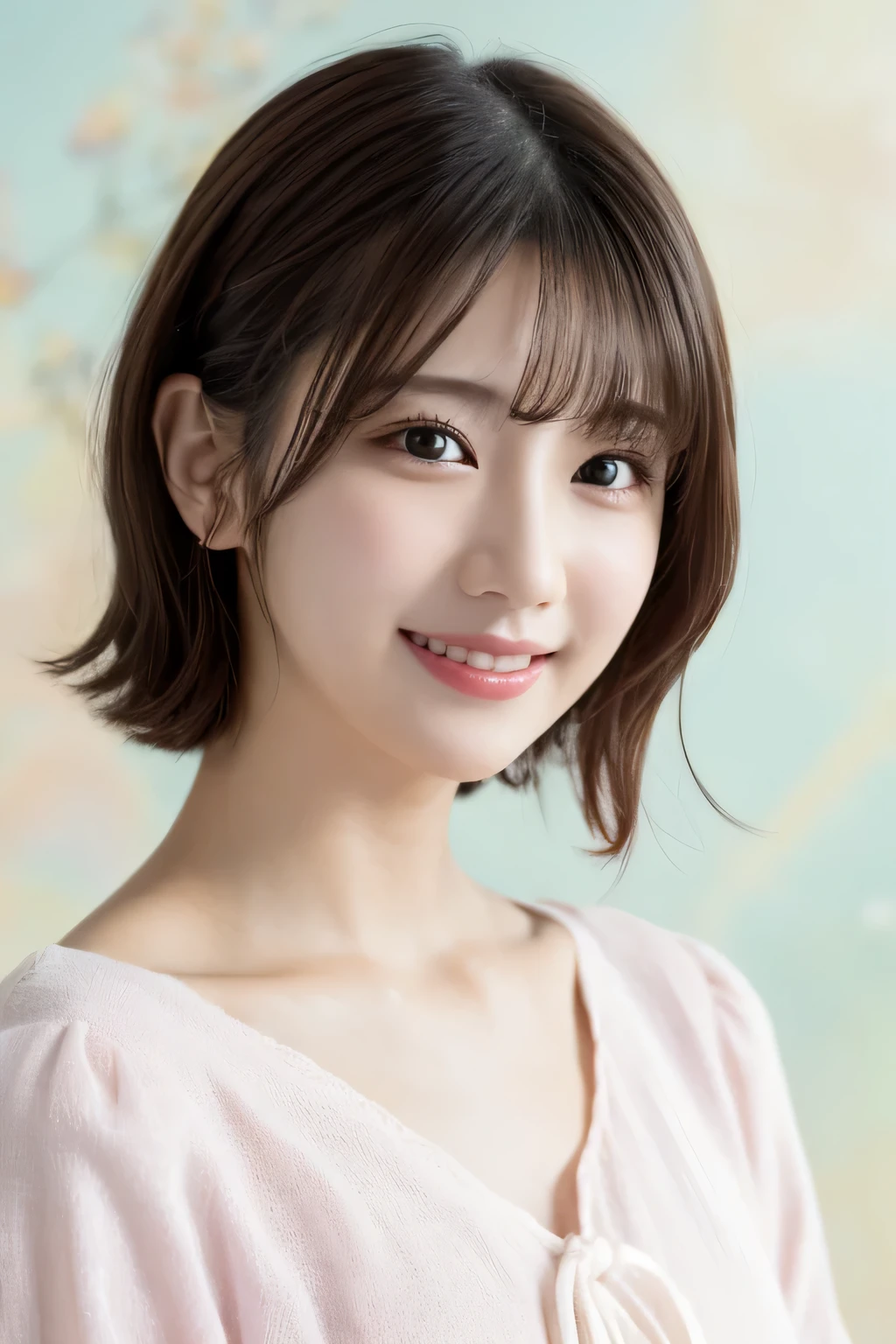 One girl, (Wearing casual pastel colored outfits:1.2), (Beautiful Japanese idol portrait photos),
(Simple background in light colors:1.3),
(RAW Photos, highest quality), (Realistic, photo-Realistic:1.4), masterpiece, 8K Portrait,
Very delicate and beautiful, Very detailed, 2k wallpaper, wonderful, In detail, Very detailed CG unity 8k wallpaper, 
Very detailedな, High resolution, 
Soft Light, Beautiful detailed girl, Very detailed eyes and face, Beautifully detailed nose, Beautiful fine details,
Cinema Lighting, Perfect Anatomy, 
Slender body, Flat Chest, Semi-short hair, Parted bangs, Bokeh, Dynamic Angle, A light smile,