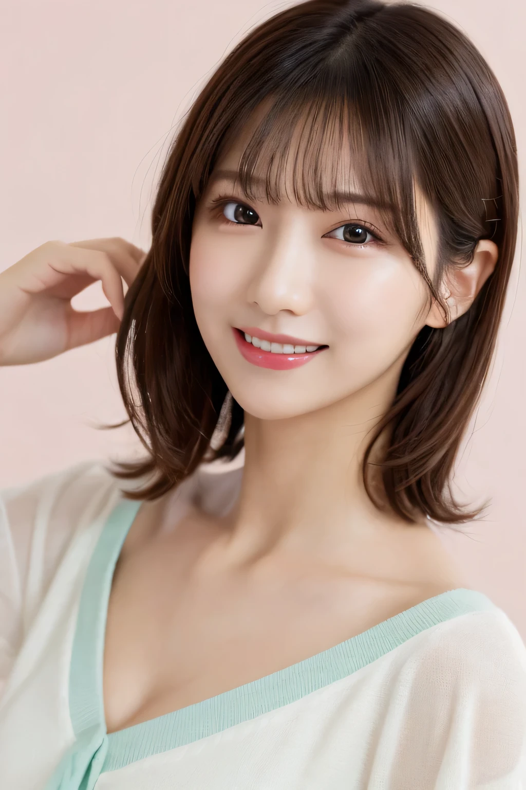 One girl, (Wearing casual pastel colored outfits:1.2), (Beautiful Japanese idol portrait photos),
(Simple background in light colors:1.3),
(RAW Photos, highest quality), (Realistic, photo-Realistic:1.4), masterpiece, 8K Portrait,
Very delicate and beautiful, Very detailed, 2k wallpaper, wonderful, In detail, Very detailed CG unity 8k wallpaper, 
Very detailedな, High resolution, 
Soft Light, Beautiful detailed girl, Very detailed eyes and face, Beautifully detailed nose, Beautiful fine details,
Cinema Lighting, Perfect Anatomy, 
Slender body, Flat Chest, Semi-short hair, Parted bangs, Bokeh, Dynamic Angle, A light smile,