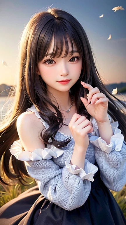 (highest quality, masterpiece), One girl, Pause, particle, Wind, flower, Upper Body, Simple Background, View your viewers, , Milky Way,smile、Silver Long Hair、milky way