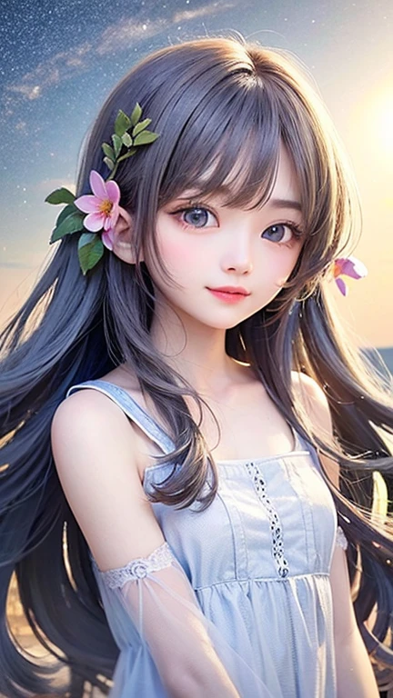 (highest quality, masterpiece), One girl, Pause, particle, Wind, flower, Upper Body, Simple Background, View your viewers, , Milky Way,smile、Silver Long Hair、milky way