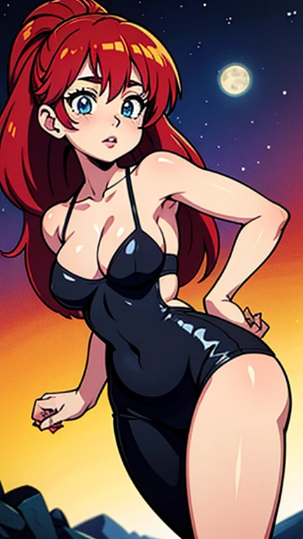 A stunning 8k anime-style illustration of a woman outdoors on a beach. She has long, slender legs and a wide, toned hips, with a tiny waist and a round, well-defined chest. She has a beautiful face with blue eyes, red and plump lips, and long, cascading hair that combines red and blue tones. The full moon and Milky Way fill the sky behind her, creating a captivating backdrop. This artwork is a masterpiece of skill and technique, showcasing the artist's exceptional talent in the anime style. The photo is taken from a downward angle, accentuating the beauty and grace of the woman in this serene setting. Less clothes than possible 