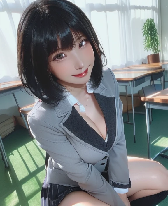 Japanese Girls,(非常にdetailedな肌),curvy,,Beautiful big breasts,(Big Breasts),Pale skin(Fantasy art,Best image quality,Hyperrealist portrait,(8k),Ultra-realistic,最high quality, high quality, High resolution, high quality texture,Attention to detail,Beautiful details,detailed,Extremely detailed CG,detailed Texture,Realistic facial expressions,masterpiece,in front,dynamic,bold),Adult beauty short hair,A rounded bob hairstyle that follows the lines of the face、(Very soft hair),(Super Straight Hair:1.5), sleek bangs,Very light coppery amber hair,Hair on one eye、I&#39;m in the office、Wearing a white shirt、Wearing a black mini skirt、Kneel on the floor to pick up the papers you dropped、Showing his back、全身をdetailedに表現する、Angle of view for the whole body