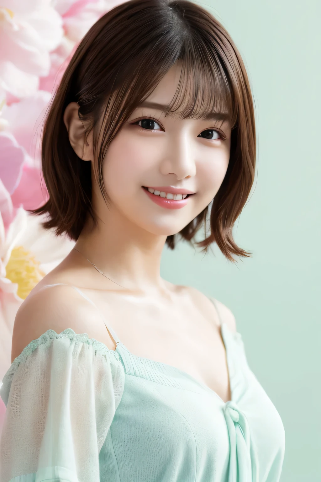 One girl, (Wearing casual pastel colored outfits:1.2), (Beautiful Japanese idol portrait photos),
(Simple background in light colors:1.3),
(RAW Photos, highest quality), (Realistic, photo-Realistic:1.4), masterpiece, 8K Portrait,
Very delicate and beautiful, Very detailed, 2k wallpaper, wonderful, In detail, Very detailed CG unity 8k wallpaper, 
Very detailedな, High resolution, 
Soft Light, Beautiful detailed girl, Very detailed eyes and face, Beautifully detailed nose, Beautiful fine details,
Cinema Lighting, Perfect Anatomy, 
Slender body, Flat Chest, Semi-short hair, Parted bangs, Bokeh, Dynamic Angle, A light smile,