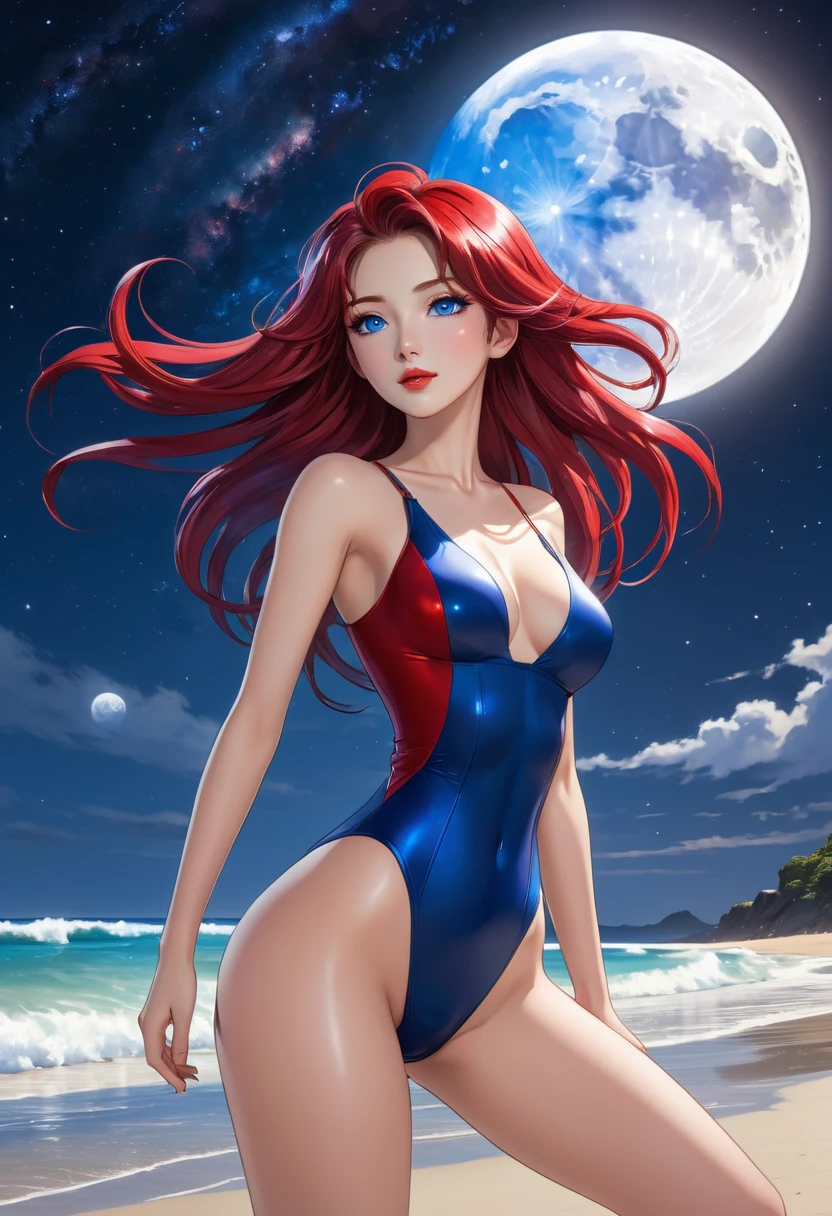 A stunning 8k anime-style illustration of a woman outdoors on a beach. She has long, slender legs and a wide, toned hips, with a tiny waist and a round, well-defined chest. She has a beautiful face with blue eyes, red and plump lips, and long, cascading hair that combines red and blue tones. The full moon and Milky Way fill the sky behind her, creating a captivating backdrop. This artwork is a masterpiece of skill and technique, showcasing the artist's exceptional talent in the anime style. The photo is taken from a downward angle, accentuating the beauty and grace of the woman in this serene setting.