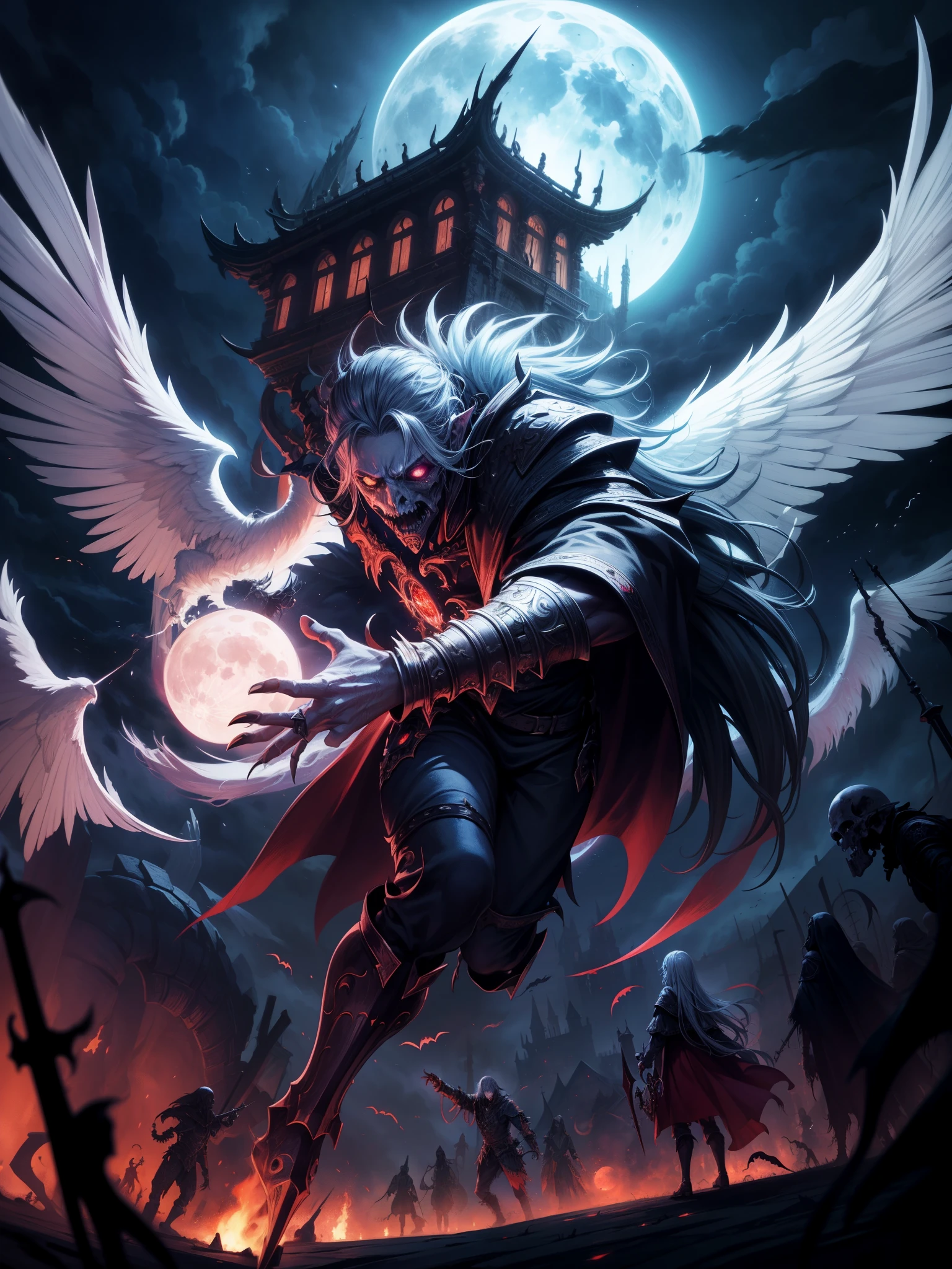 during night, ((Flying ghost line drawing surrounded by undead and ghosts))++, Night, Cloudy clouds, fullmoon, Red full moon on background, Fantasy, 4K highly detailed digital art, 8K high-quality detail art, in style of cyril rolando, detailed fantasy digital art, epic fantasy science fiction illustration, amazing wallpapers, Hordes of undead inspired by Gaston Bucière, The Apocalypse Brings, , Evil Magic Energy,