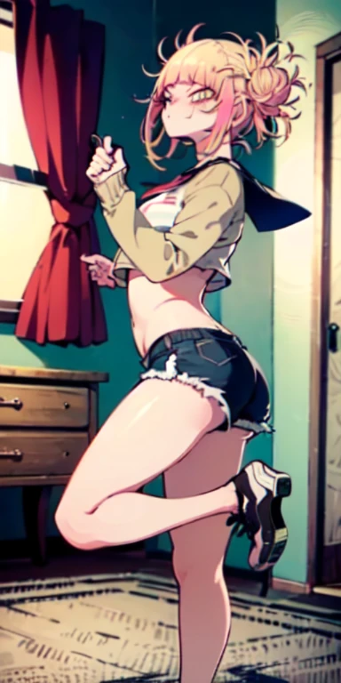 (masterpiece, Best quality), (only 1 girl: (with pink hair), symmetrical face, perfect body, (pink sports bra with white vertical stripes)), (denim shorts), bedroom, striped thighs, Rear solar lighting, Intricate details, ((front and flirty pose)), image with professional Canon EOS camera and 50mm lens