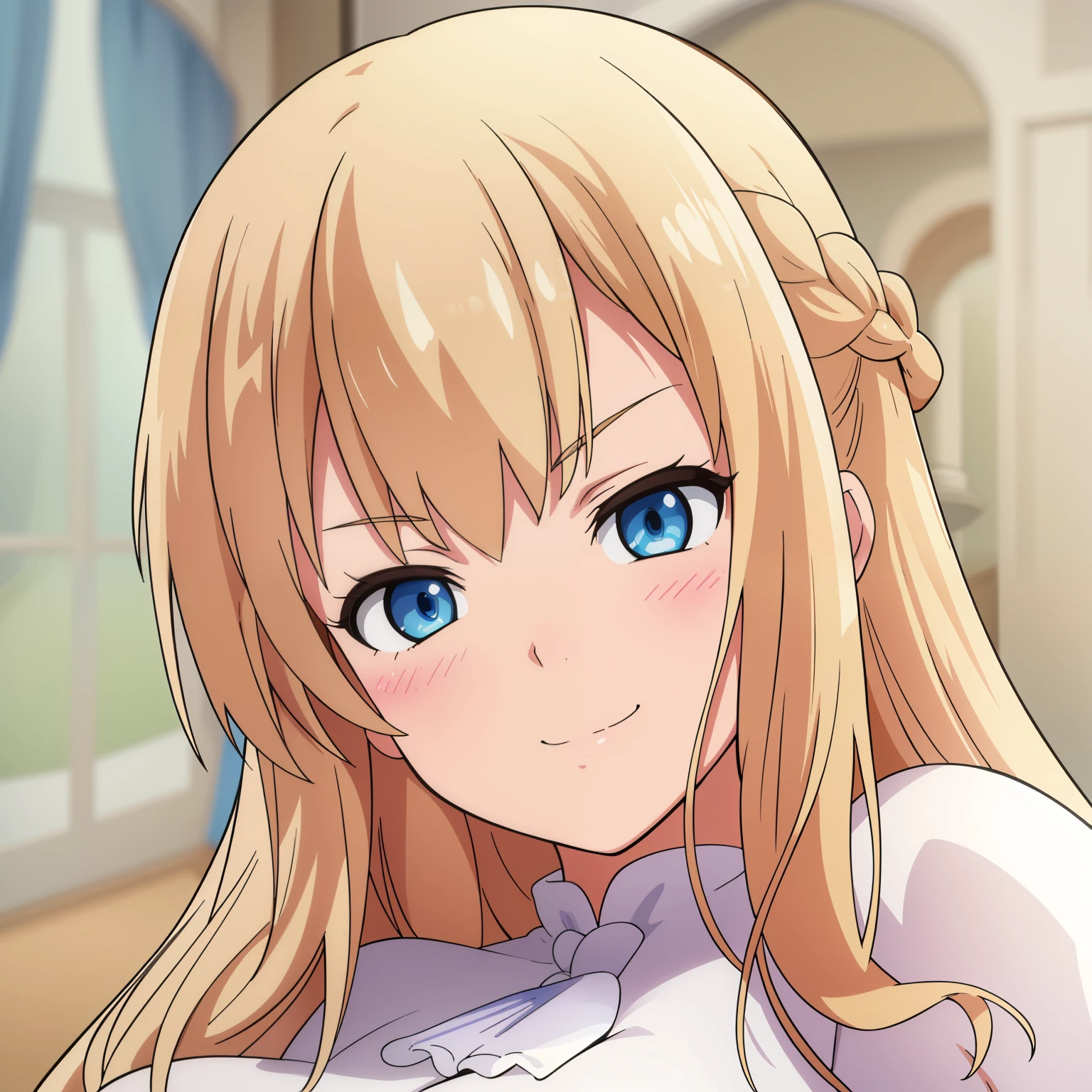 high quality, masterpiece. thick outlines. girl. braided hair. Blue eyes. small pupils. haughty face. sly eyes. Evil haughty smile. white elegant dress. against the backdrop of a luxurious room.
