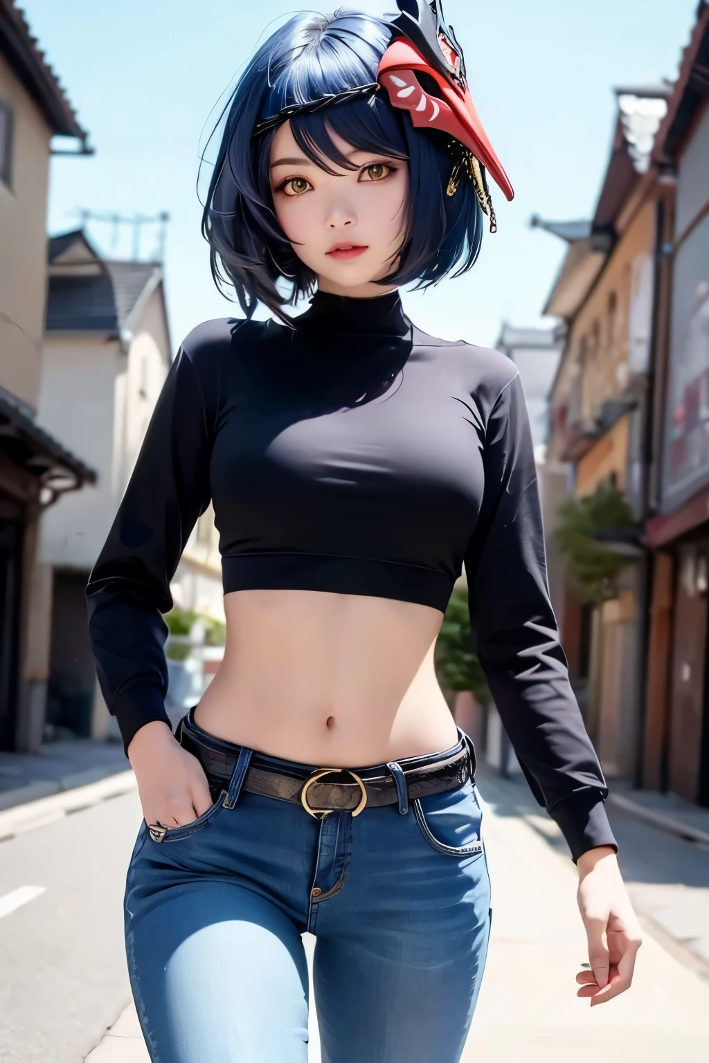 1girl, (long sleeved top, long jeans, iron belt, boots), ((midriff, navel)), town road, walking, hands in pocket, looking at viewer, relaxed face, smile, (cinematic lighting, best quality, masterpiece, high details, best quality, highres, HD, (kujou sara:1.3), mask on head, blue hair, short hair, yellow eyes,