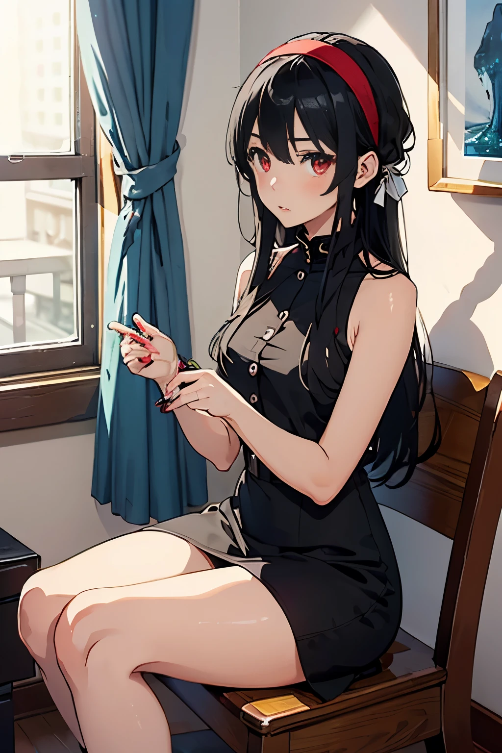 masterpiece、highest quality、High resolution、1 girl、Her Room、(alone)、Beautiful long black hair、Bright red eyes、blush、slender、Thin legs、Thin thighs、yor_briar_spyxfamily、White hair band、Jet Black Hair、(Black Dress)