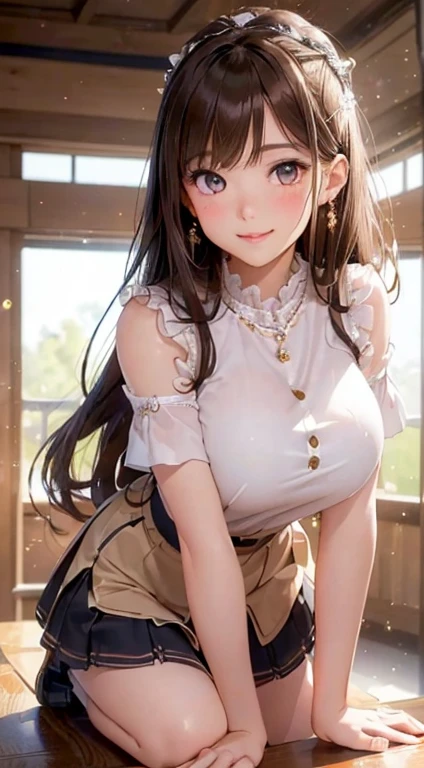 (on the table: 1.3), (maximum resolution: 1.2), (ultra high definition tv: 1.2), movie lighting, ultra high definition tv, (delicate eyes and skin), (detailed facial features), North African Free Trade Area, 8K resolution, sharp focus: 1.2, perfect style, cute face, perfect body, Accurate, anatomically correct, Highly detailed face and skin texture, delicate eyes, dark blue eyes, double eyelid, thin eyebrows, glitter eyeliner: 1.2, natural cheeks, shiny skin, white skin: 1.2, sparkly necklace and earrings, (glossy lips: 1.4), rest, one person'perspective, (((Very cute high school girl))), (Sexy pink lace), (smile: 1.2), ((innocent and cute girl:1.3)), (long wavy hair), (light brown hair:1.2), , rest, ((very close relationship: 1.2)), Moderately, ((looking at the audience:1.2)), (library 1.2), ((please bend your knees:1.2)), (From the side:1.2),low angle shot,Off-the-shoulder mini dress,mini skirt,embarrassed look,(((big breasts))),((((uniform)))),(((Her skirt is being pulled up)))
