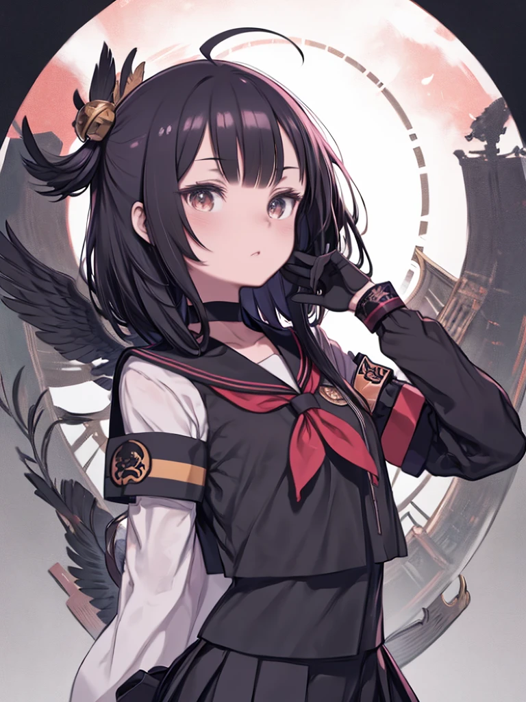 ichikanakamasa, Ichika got wet, Ahoge, Black Hair, black wing, feathered wing, hair ornaments, Hair Clip, Hello, Long Hair, low wing, red Hello, wing, break armband, black choker, black gloves, black Sailor collar, black serafuku, black skirt, choker, gloves, Long sleeve, neckerchief, pleated skirt, red neckerchief, safety pin, Sailor collar, , serafuku, skirt, break looking at viewer, Upper Body, whole body, break indoors, classroom, break (masterpiece:1.2), highest quality, High resolution, unity 8k wallpaper, (figure:0.8), (Beautiful fine details:1.6), Highly detailed face, Perfect lighting, Highly detailed CG, (Perfect hands, Perfect Anatomy),