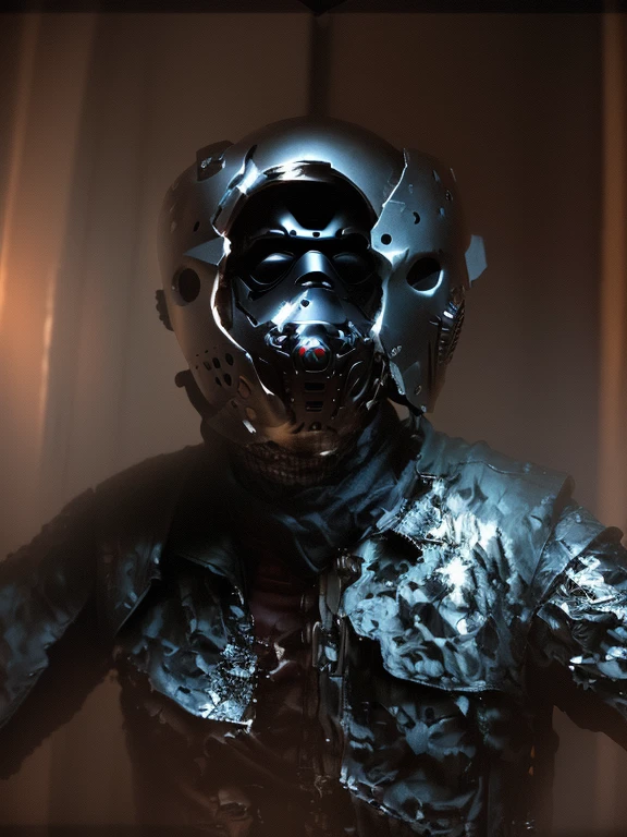 arafed man with a helmet and a mask on his head, jason, jason voorhees, inspired by Arnold Mesches, arham horror, full costume, horror, rick baker style, 2 0 1 5, 2015, aesthetic shot, inspired by Clark Voorhees, bust shot, badass