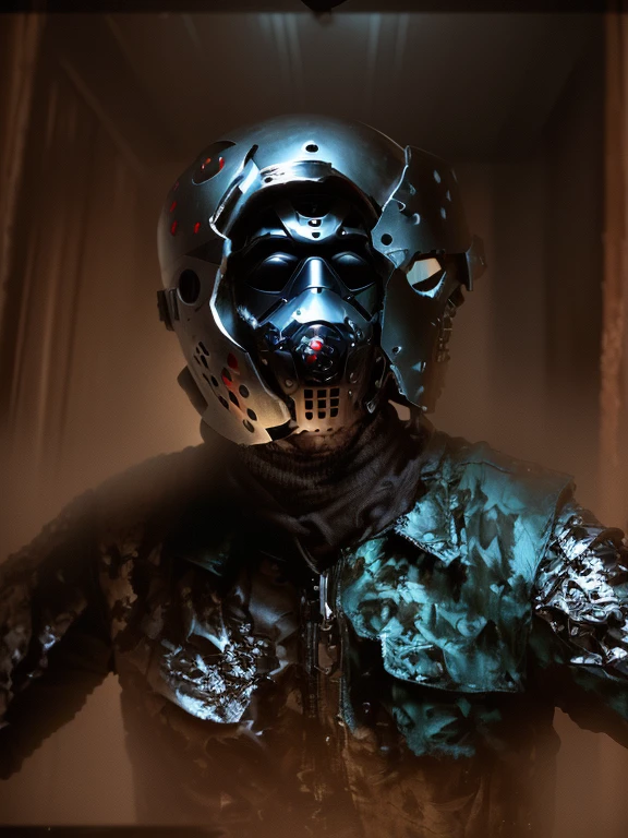 arafed man with a helmet and a mask on his head, jason, jason voorhees, inspired by Arnold Mesches, arham horror, full costume, horror, rick baker style, 2 0 1 5, 2015, aesthetic shot, inspired by Clark Voorhees, bust shot, badass