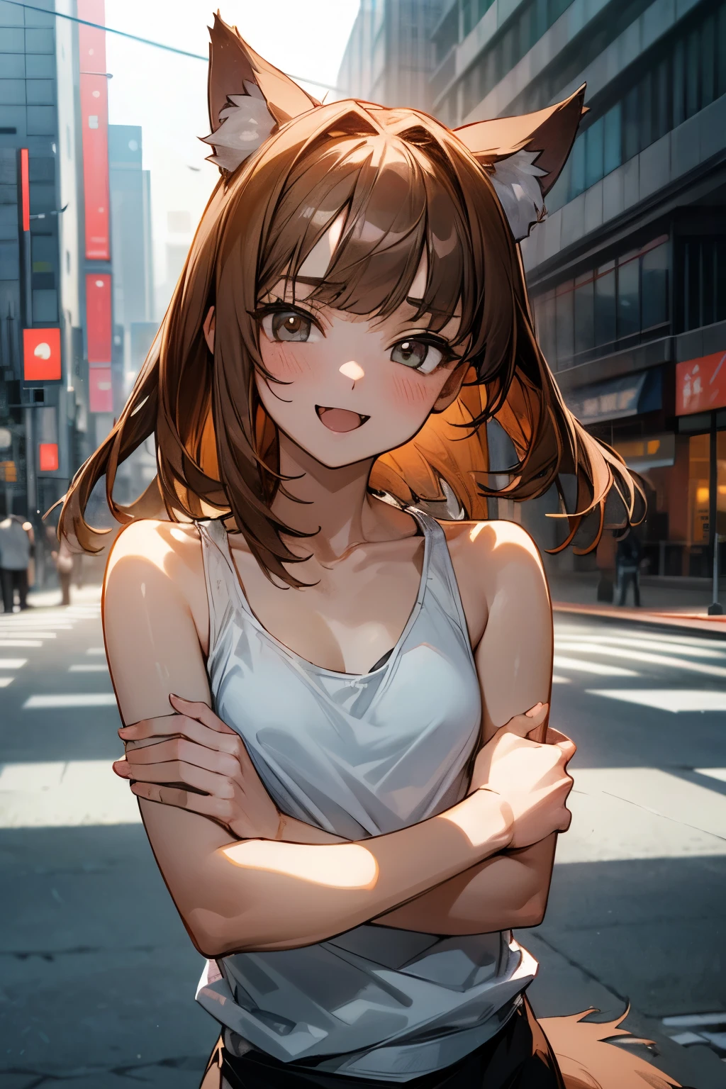 ((Masterpiece)), ((best quality)), (Anime:1.3), (RAW photo:1.2),(High Definition:1.3), (Professional Photography:1.4), Portrait shot, ((12 years old)), 8K, Glossy skin, cinematic lighting, 1girl, wide-shot, (Knit fabric tank top), (Cute innocent teenage girl), slendar body, small breast, glossy medium hair, (loose blunt bangs), ((squint)), open mouth, fang out, (very naughty smile), beautiful collarbones, (slightly exposed shoulders), (put on wolf ears), pale brown hair, BREAK, ((best quality)), (funny pose on Intersections), crosswalks, summerday, (on the TOKYO), Beautiful cityscape Background,